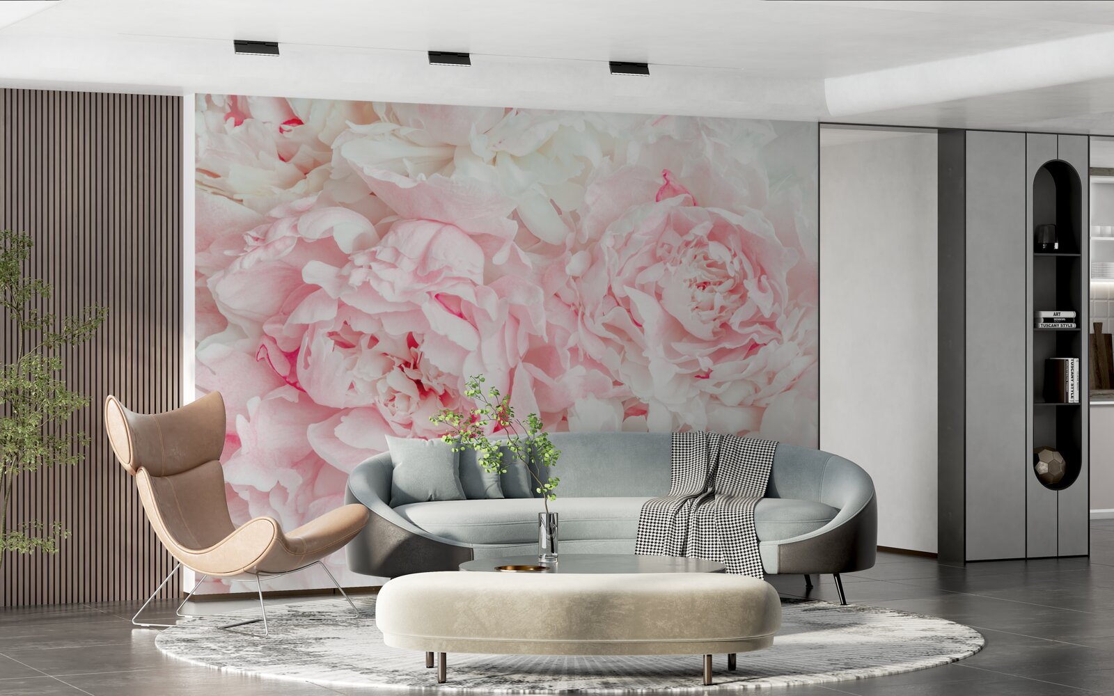 Fotobehang witte bloemen met grote bladeren