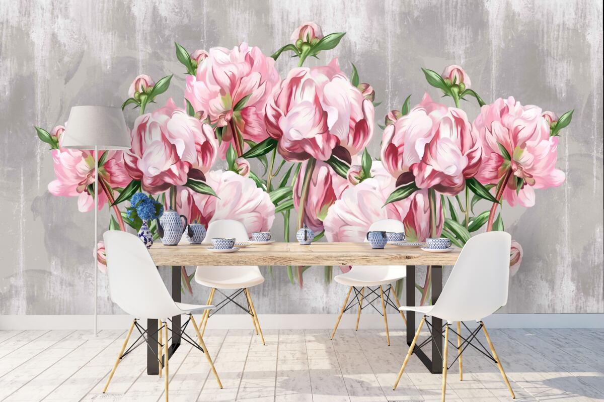 Fotobehang regenachtige tijd en roze pioenrozen