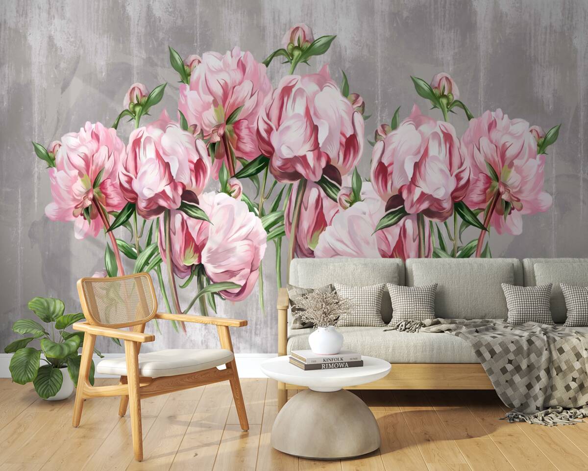 Fotobehang regenachtige tijd en roze pioenrozen