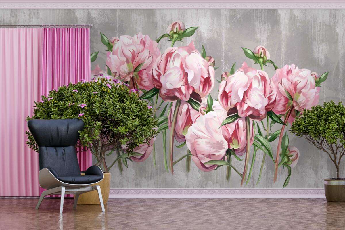 Fotobehang regenachtige tijd en roze pioenrozen