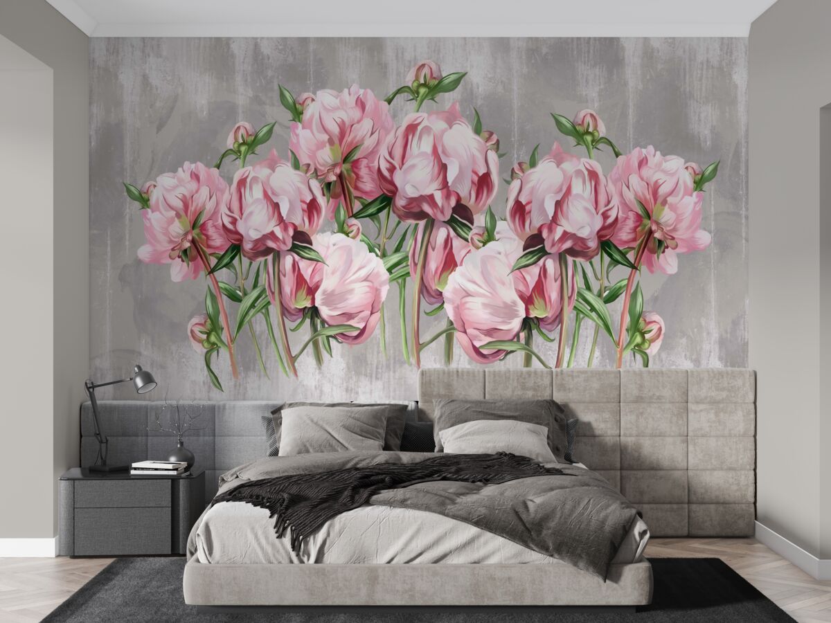 Fotobehang regenachtige tijd en roze pioenrozen