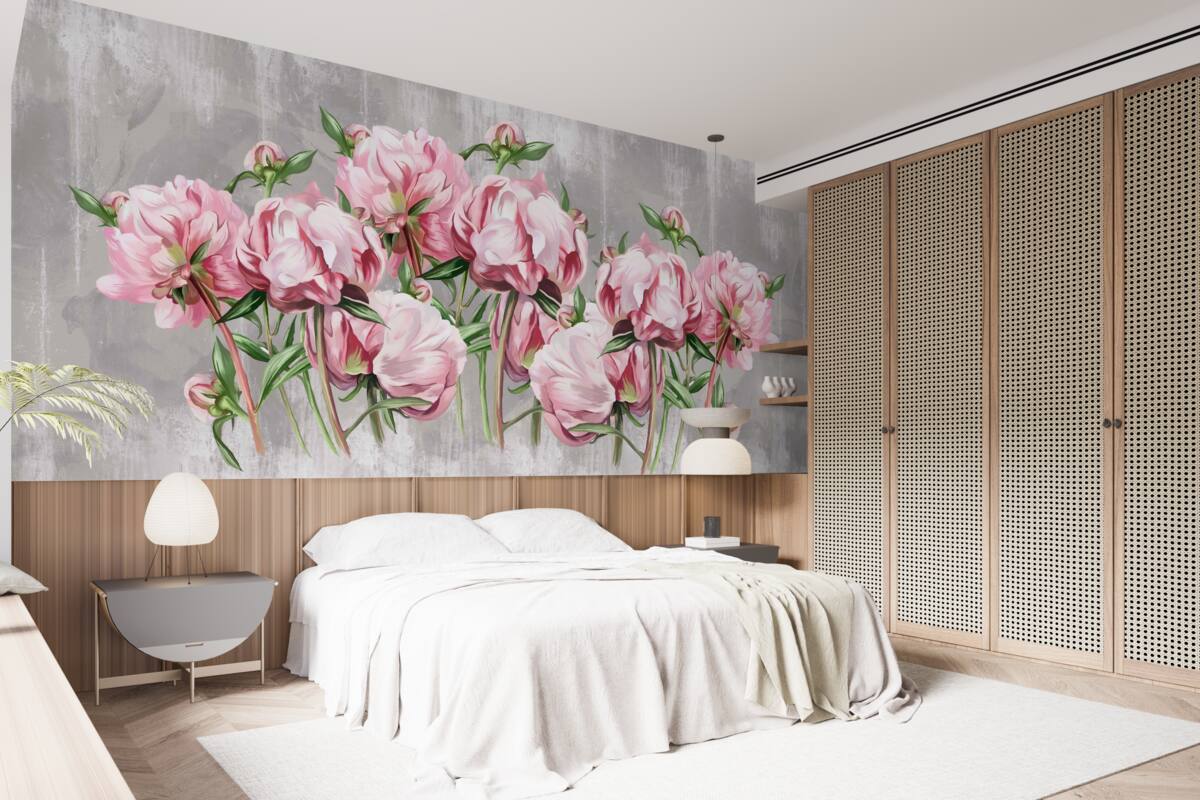 Fotobehang regenachtige tijd en roze pioenrozen