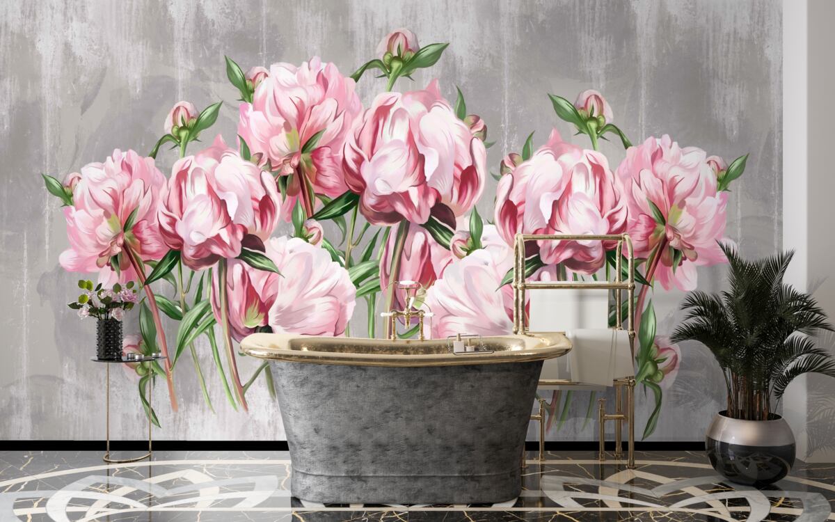 Fotobehang regenachtige tijd en roze pioenrozen