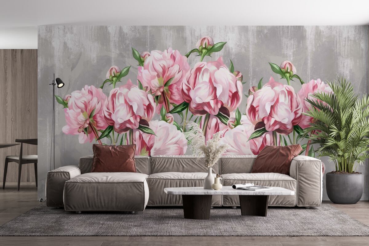 Fotobehang regenachtige tijd en roze pioenrozen