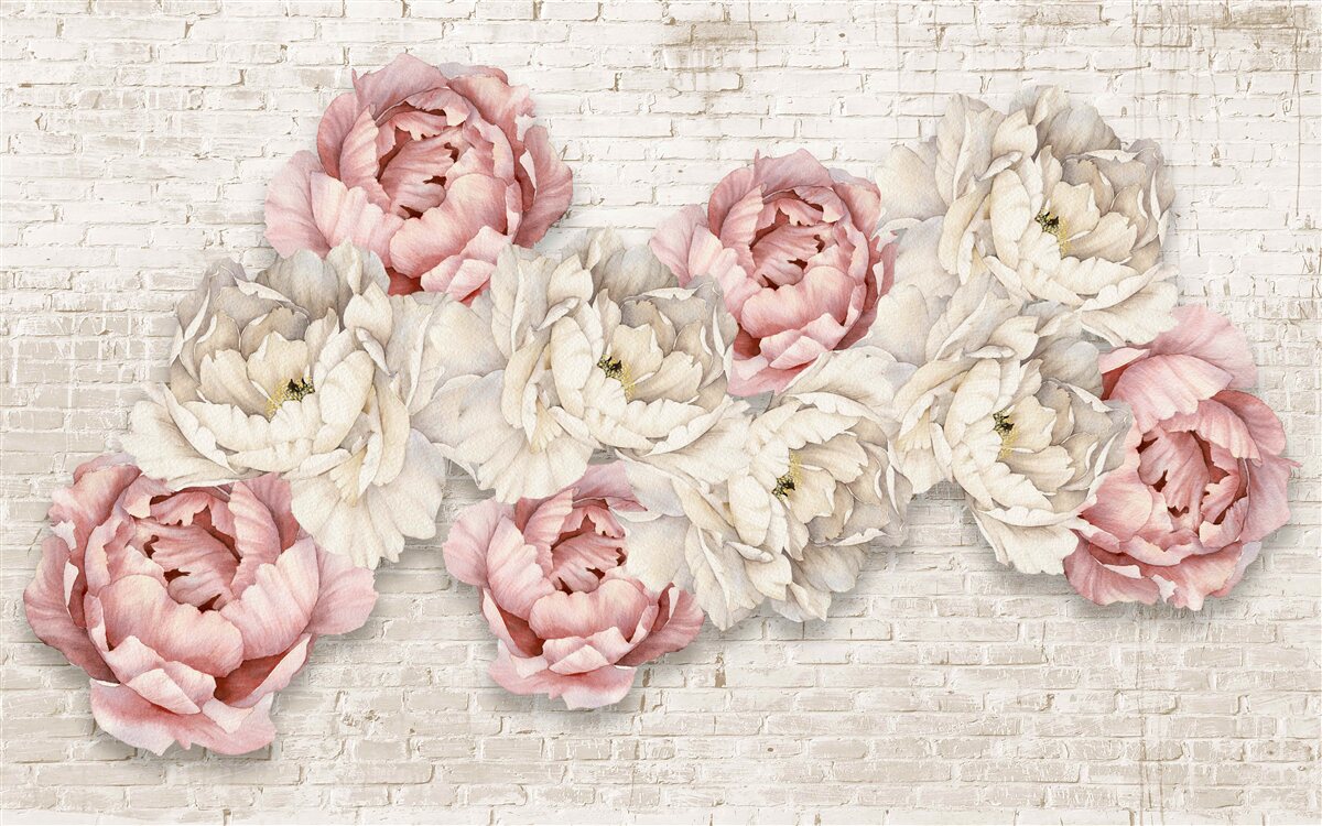 Fotobehang de bakstenen achtergrond is versierd met witte en roze knoppen