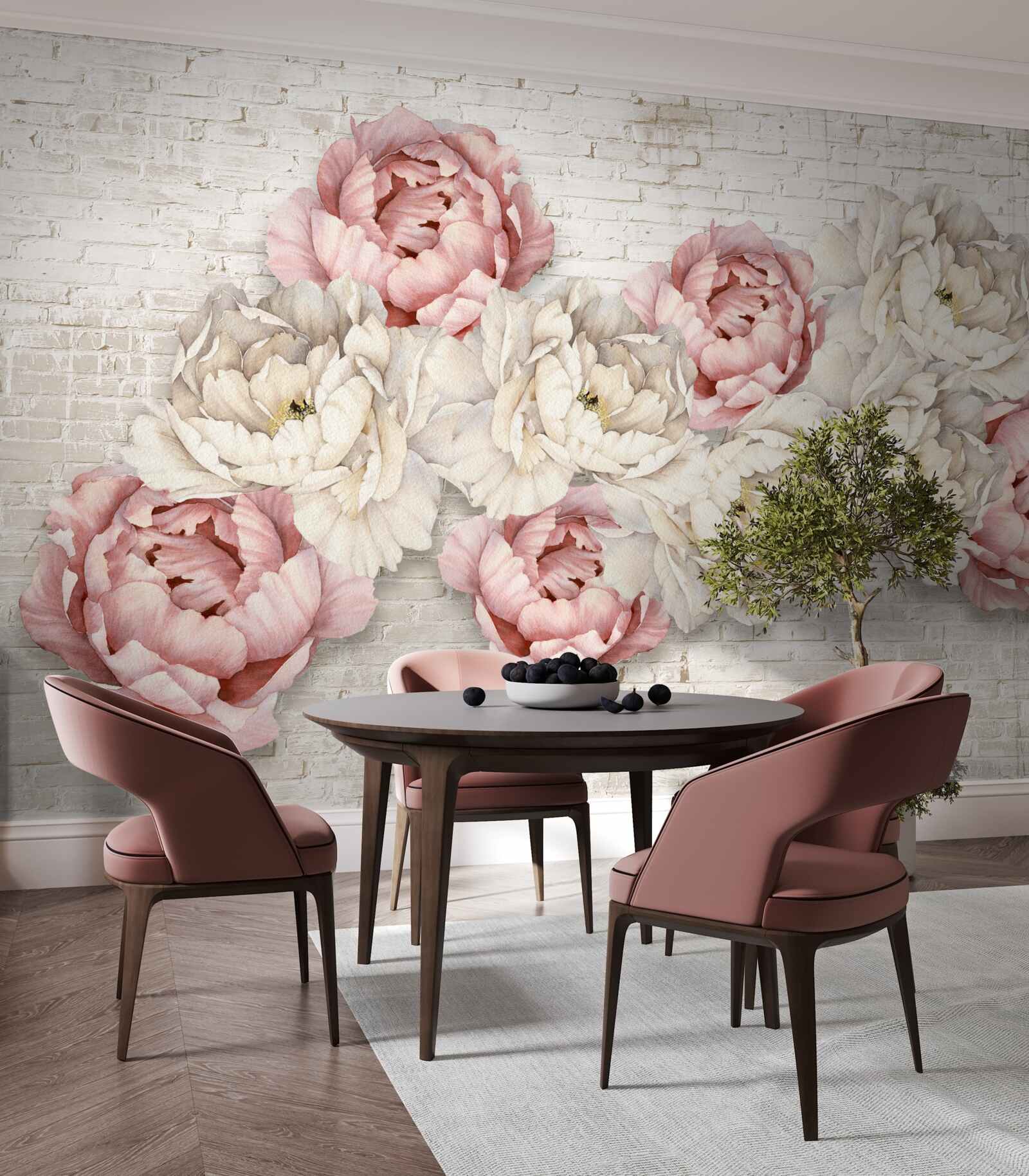 Fotobehang de bakstenen achtergrond is versierd met witte en roze knoppen