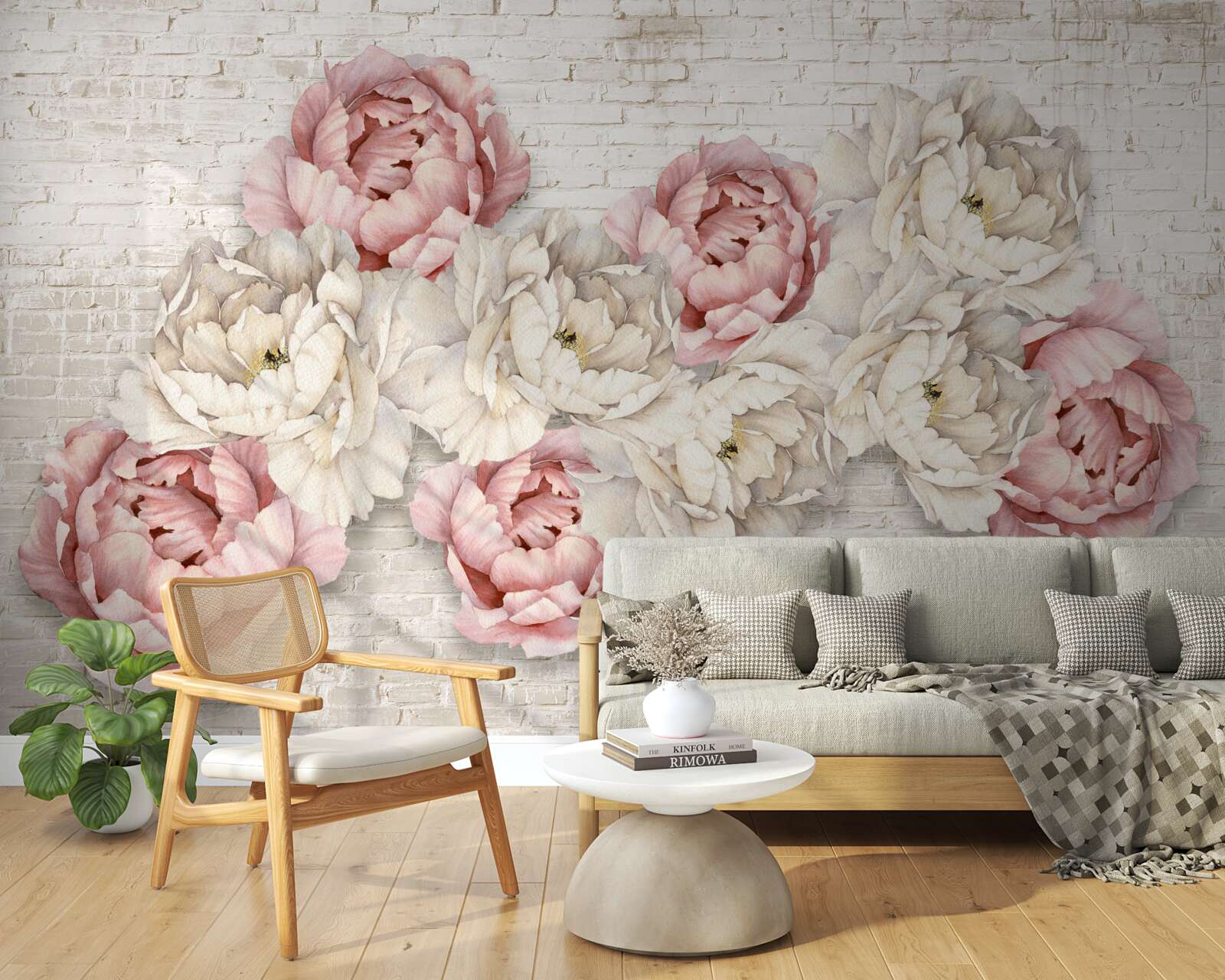 Fotobehang de bakstenen achtergrond is versierd met witte en roze knoppen