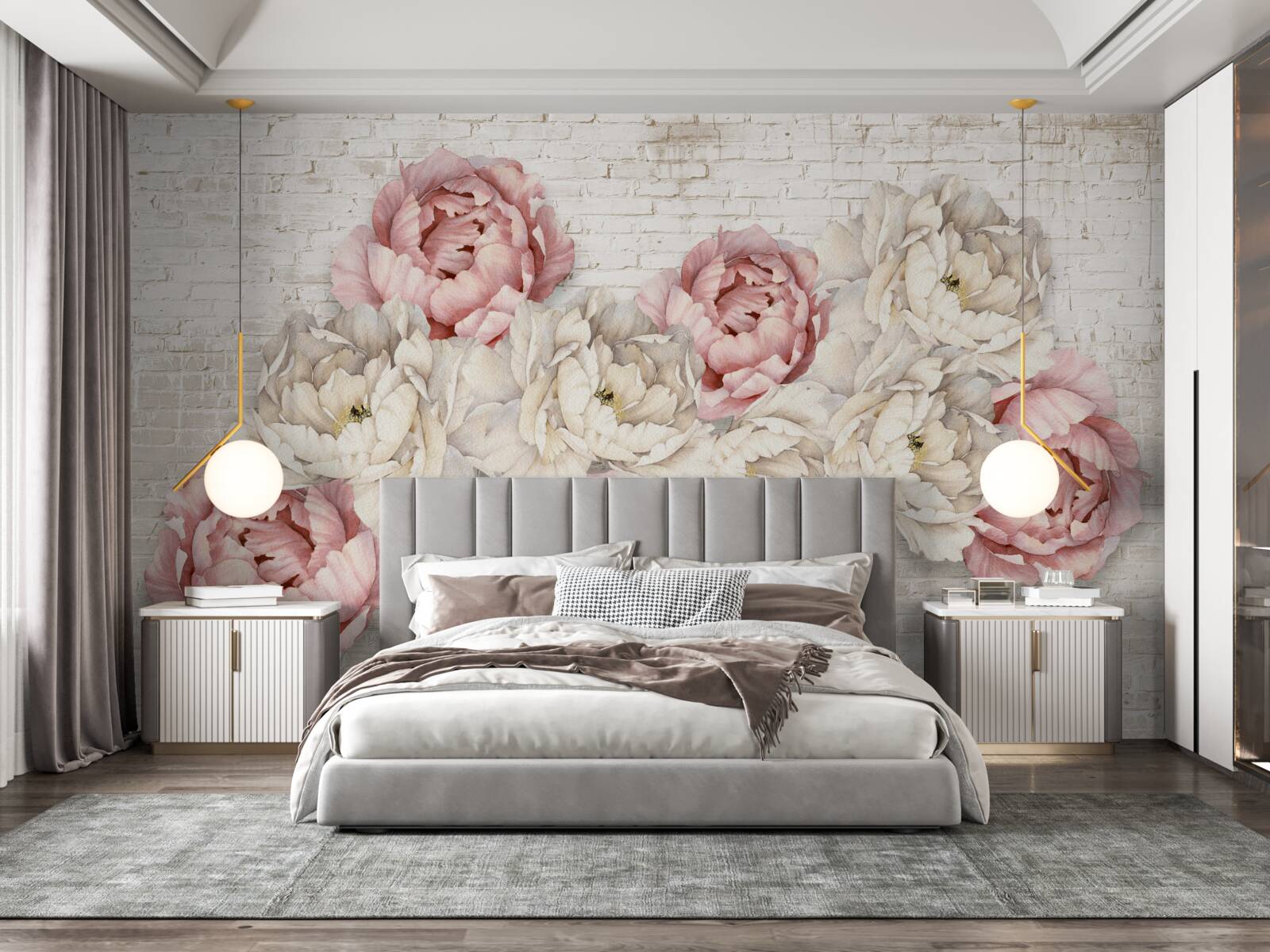 Fotobehang de bakstenen achtergrond is versierd met witte en roze knoppen