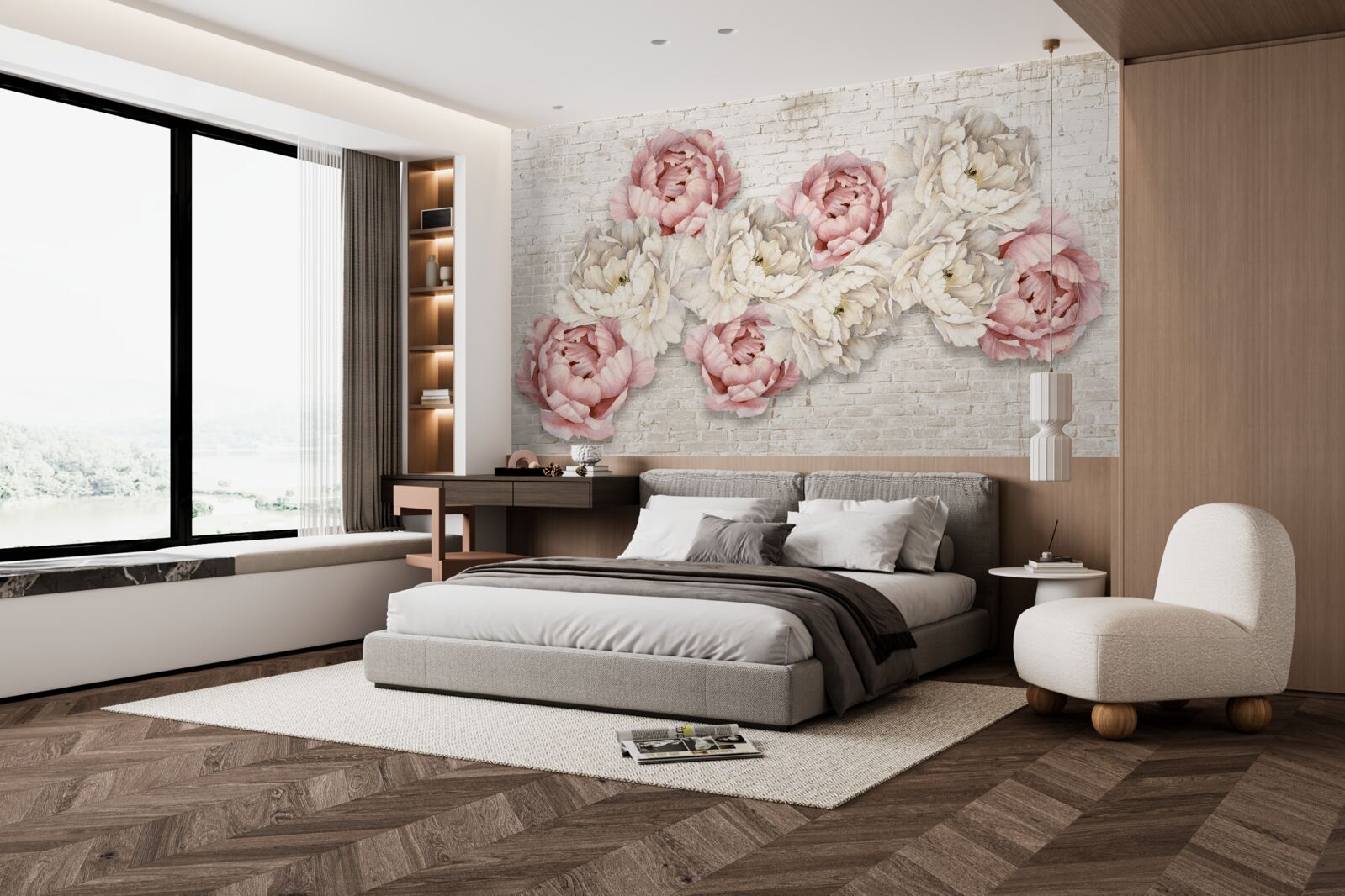 Fotobehang de bakstenen achtergrond is versierd met witte en roze knoppen