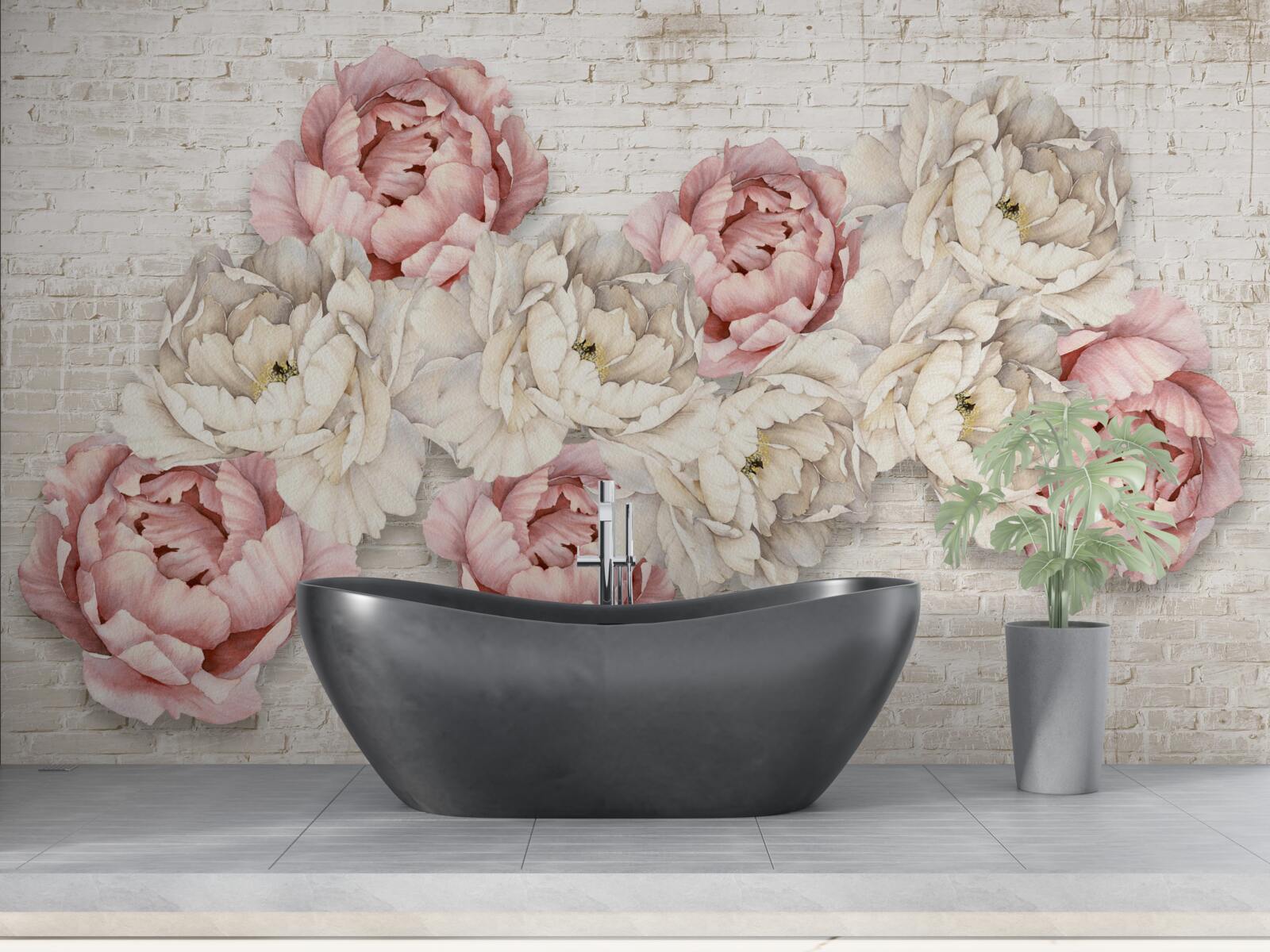 Fotobehang de bakstenen achtergrond is versierd met witte en roze knoppen