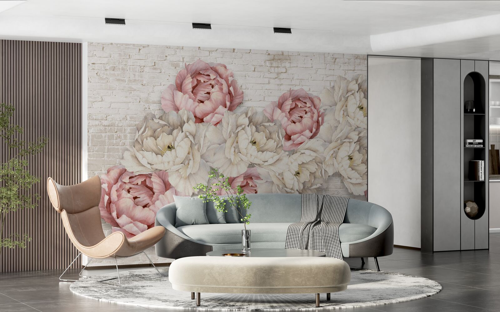 Fotobehang de bakstenen achtergrond is versierd met witte en roze knoppen