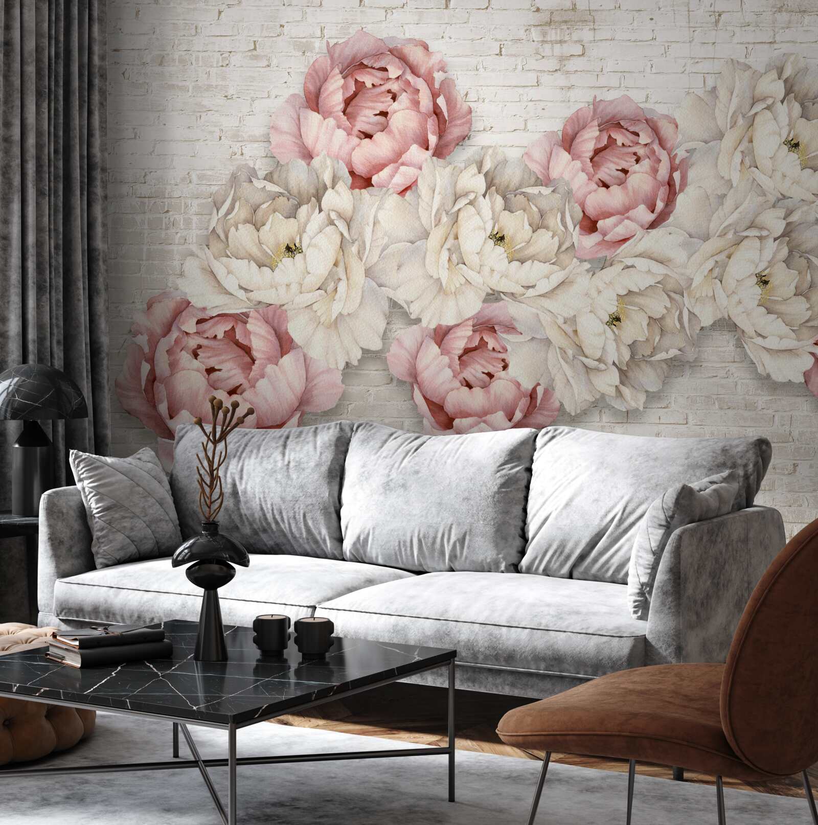 Fotobehang de bakstenen achtergrond is versierd met witte en roze knoppen