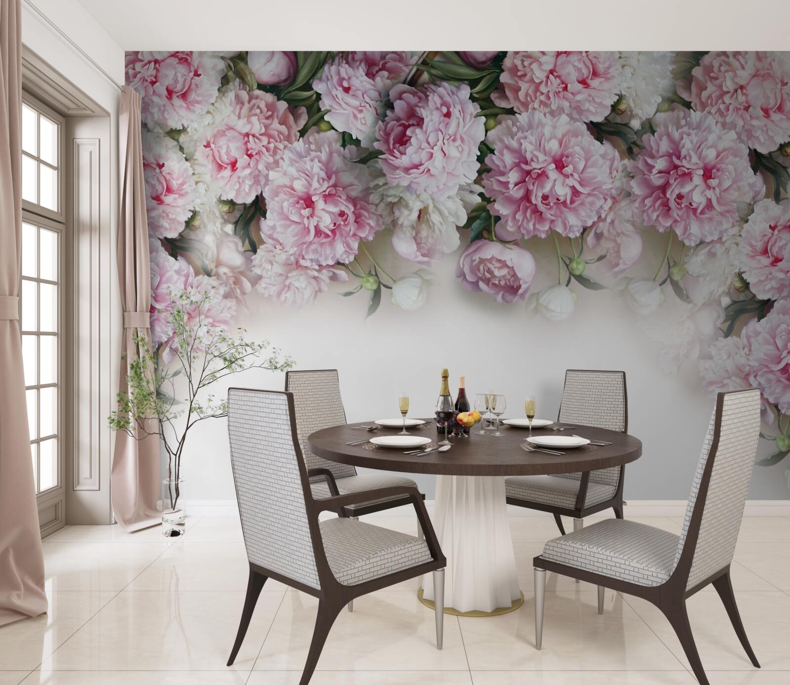 Fotobehang witroze bloemen die naar beneden vallen