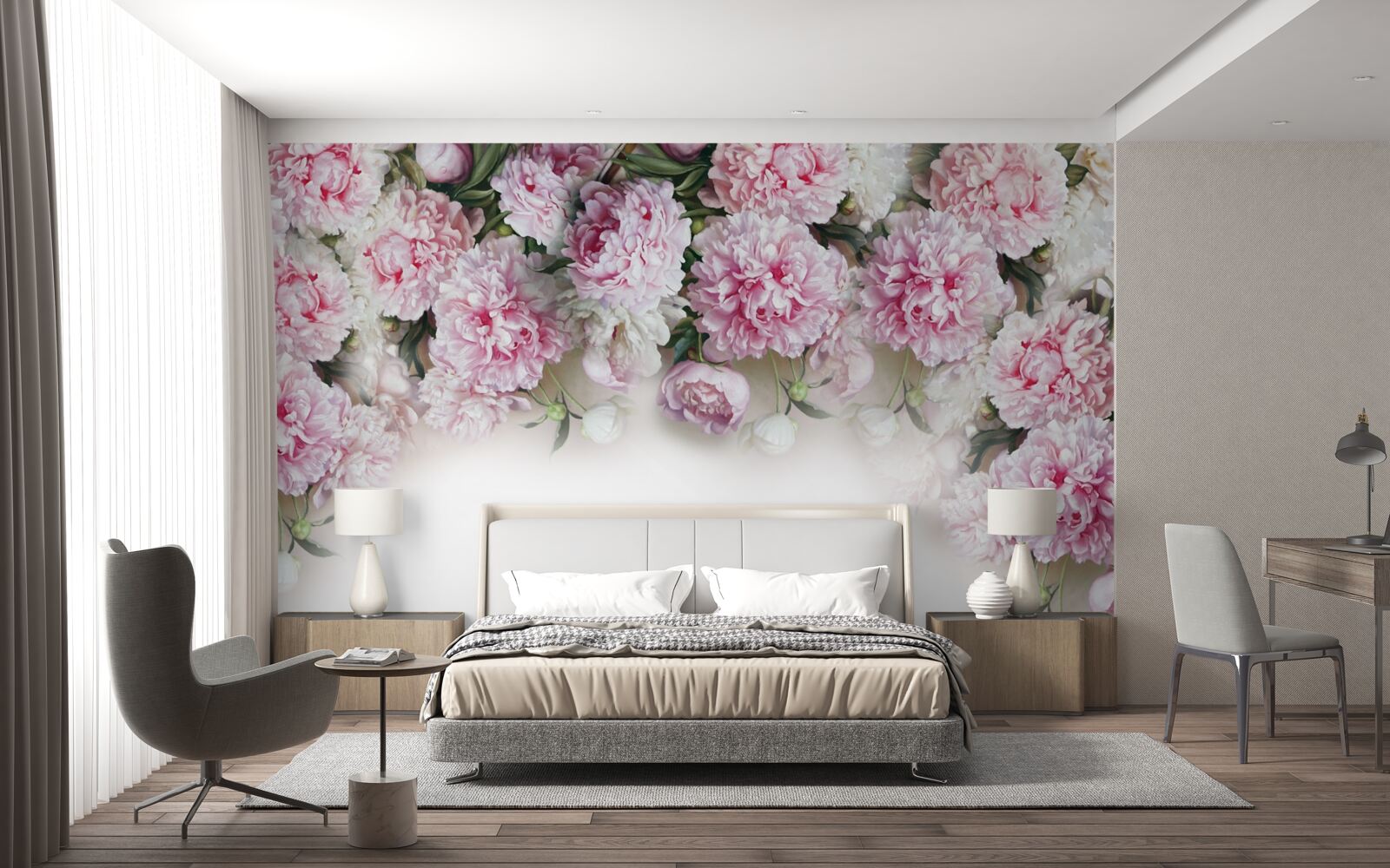 Fotobehang witroze bloemen die naar beneden vallen