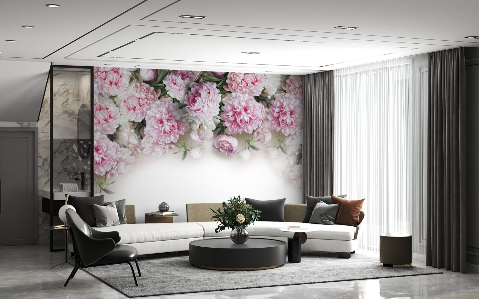 Fotobehang witroze bloemen die naar beneden vallen