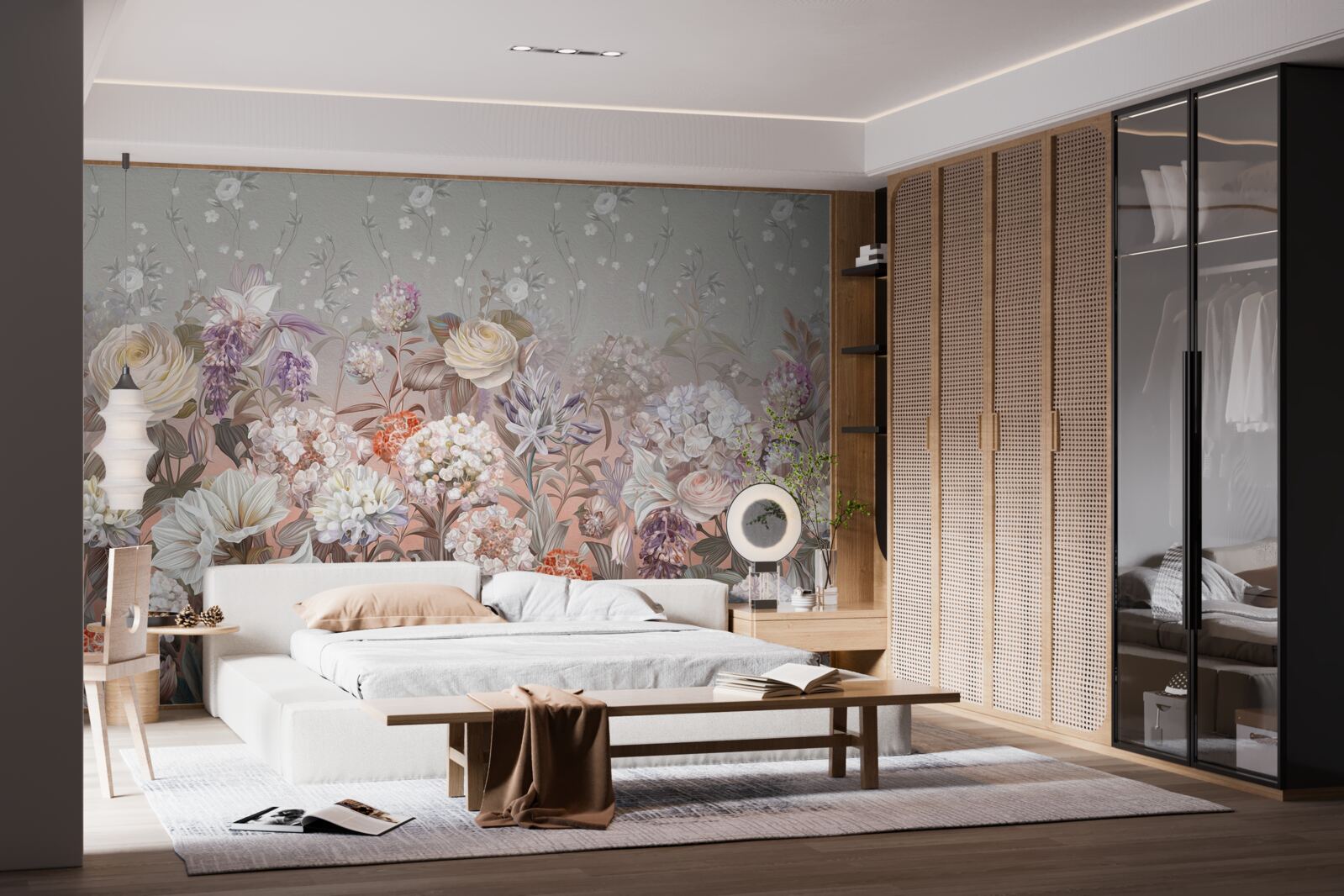 Fotobehang bloemen in een weide onder een nachtelijke hemel