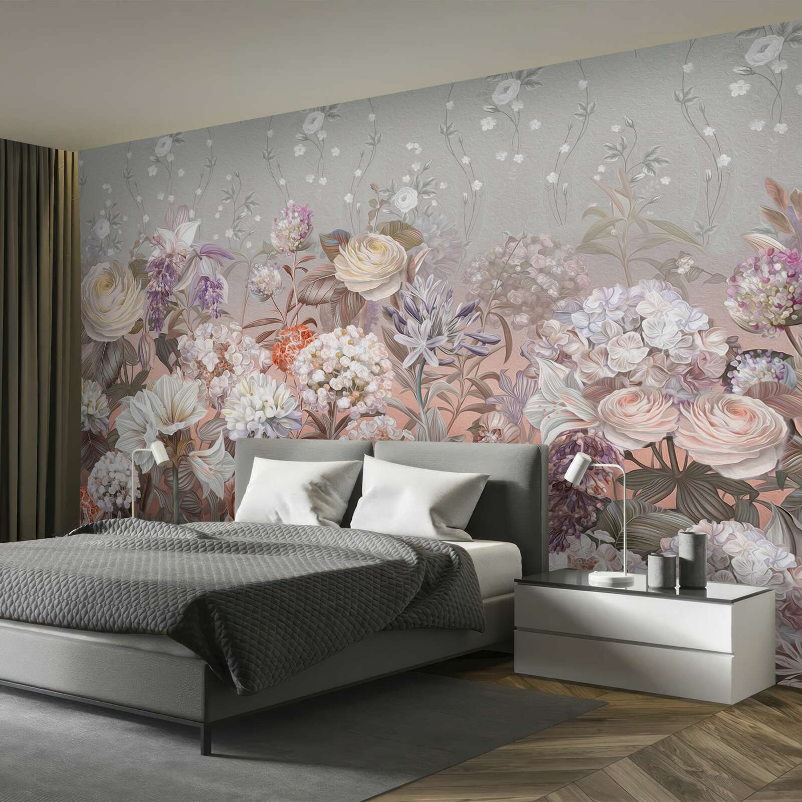 Fotobehang bloemen in een weide onder een nachtelijke hemel