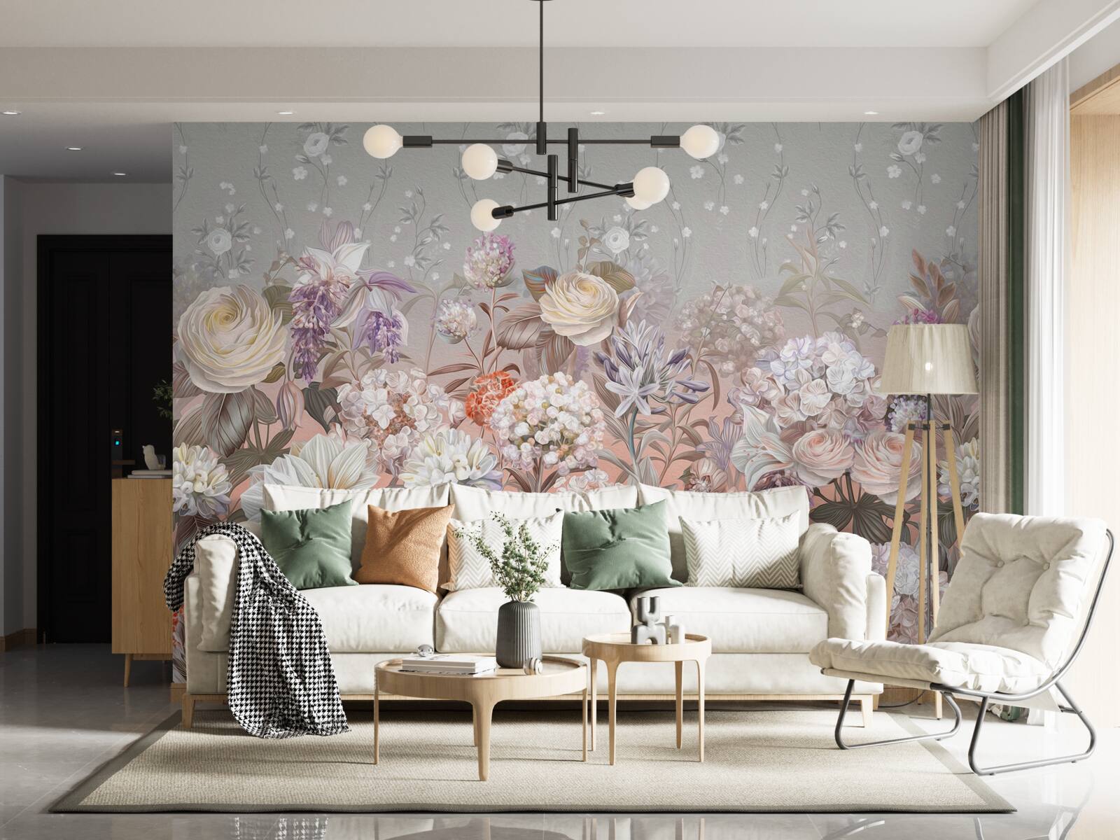 Fotobehang bloemen in een weide onder een nachtelijke hemel