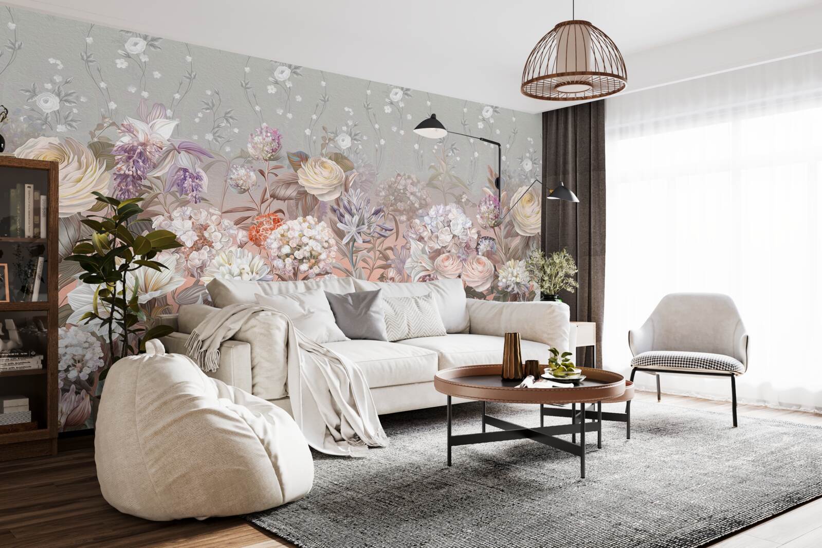 Fotobehang bloemen in een weide onder een nachtelijke hemel