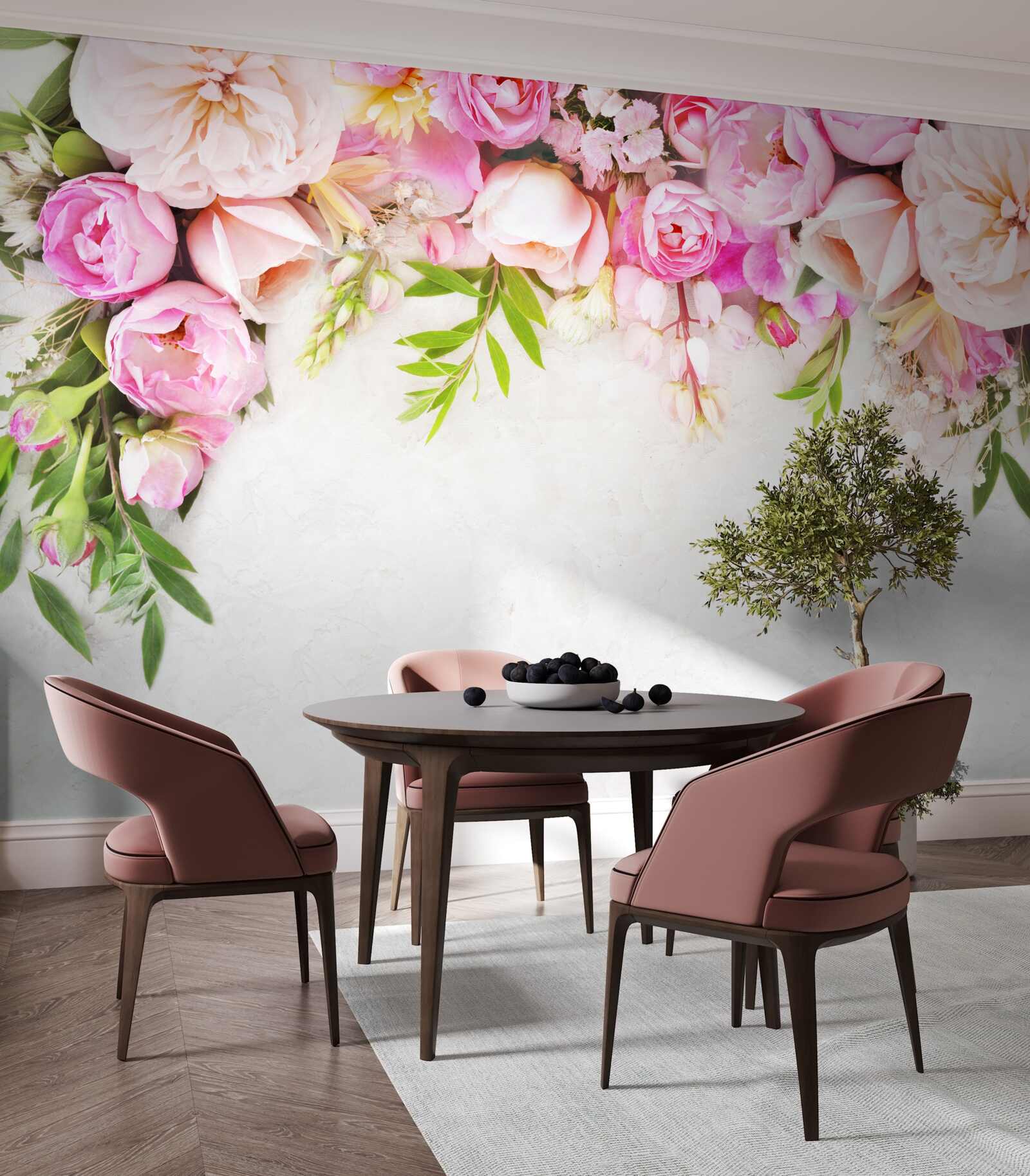 Fotobehang tak met witte en roze bloemen