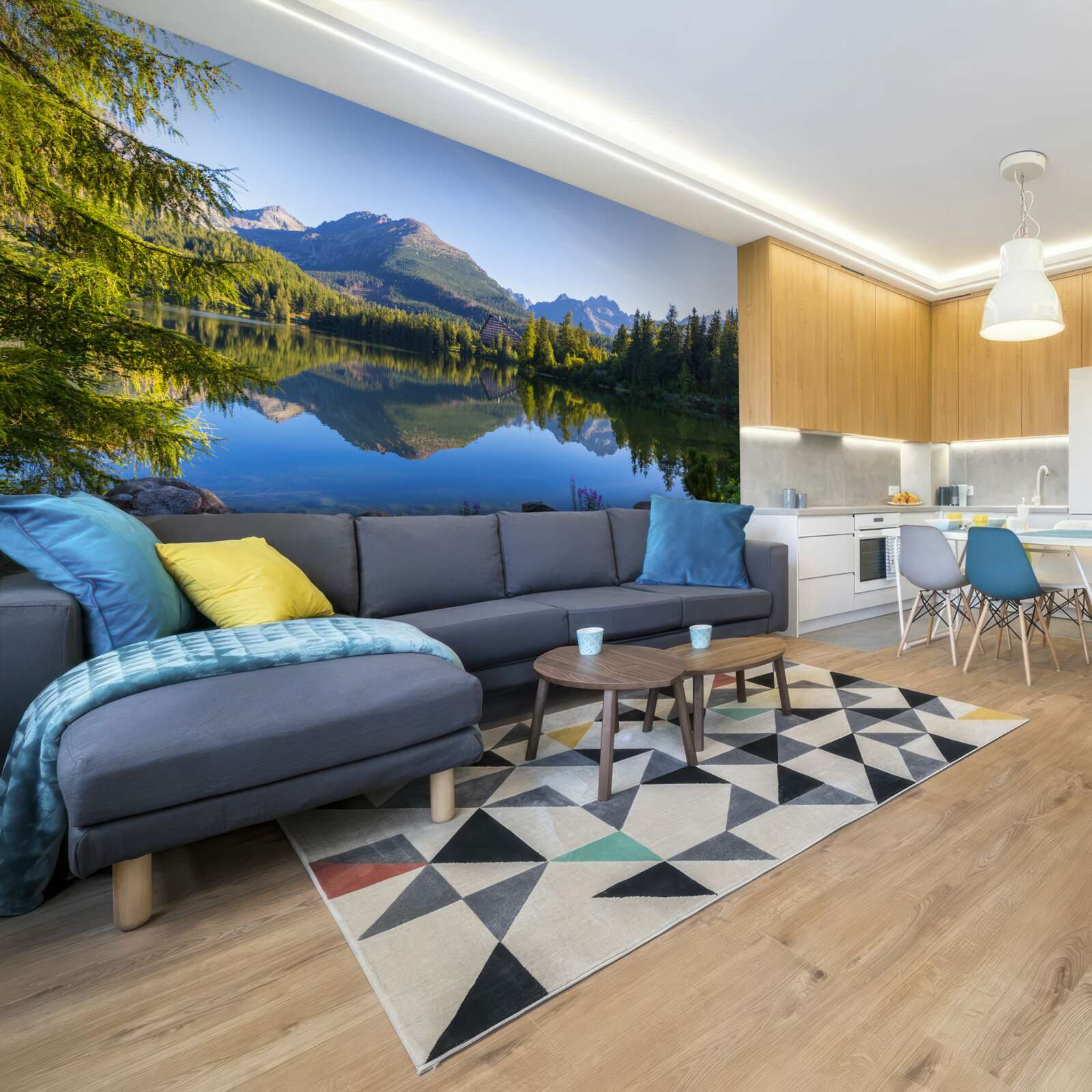 Fotobehang een zonnige dag bij een kalme bergrivier