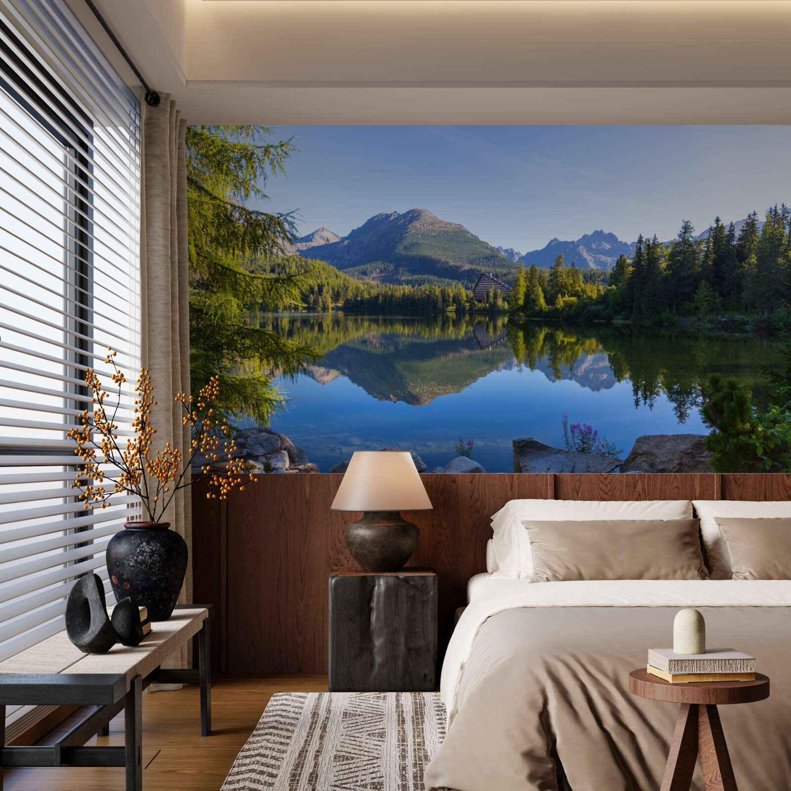 Fotobehang een zonnige dag bij een kalme bergrivier