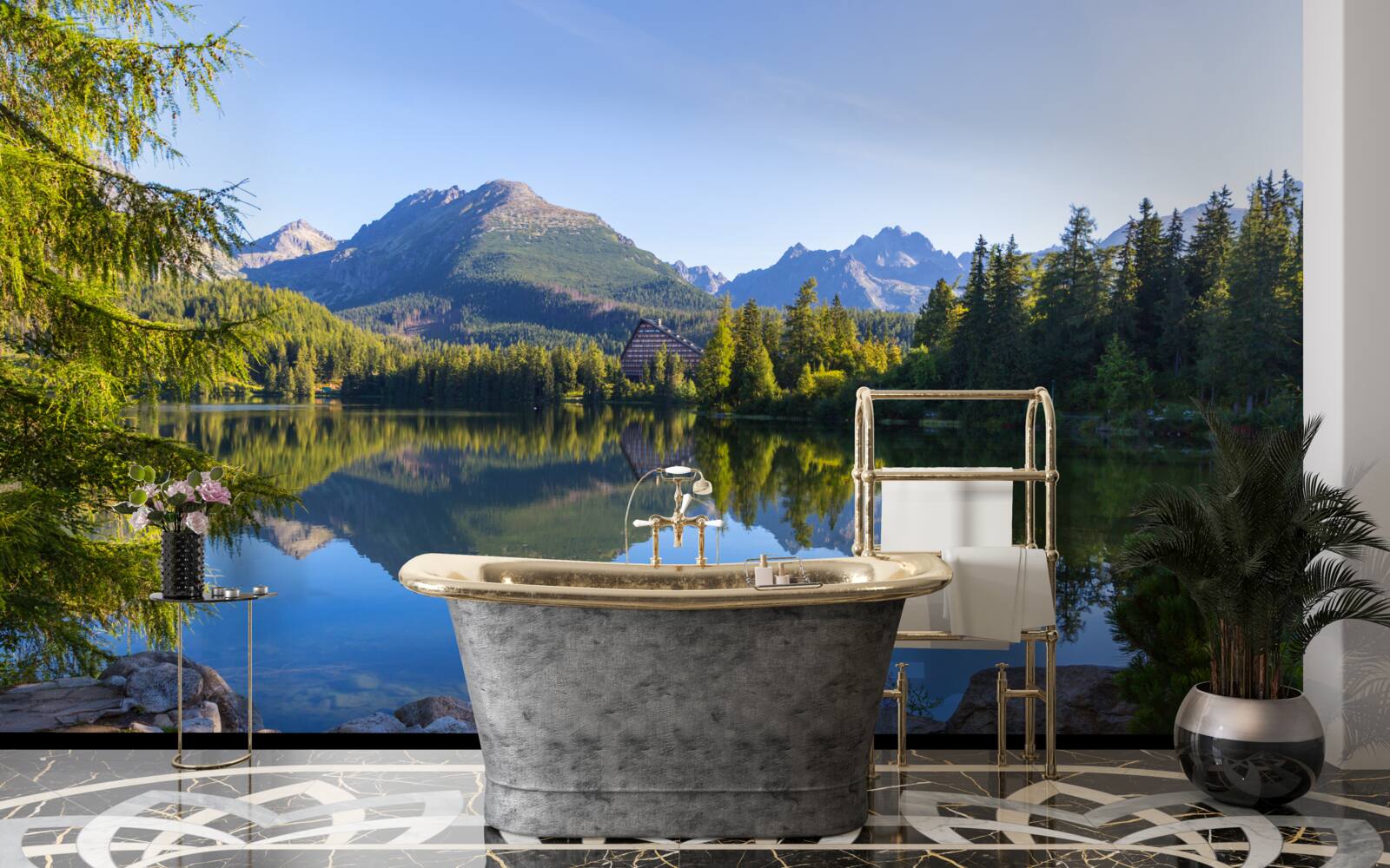 Fotobehang een zonnige dag bij een kalme bergrivier