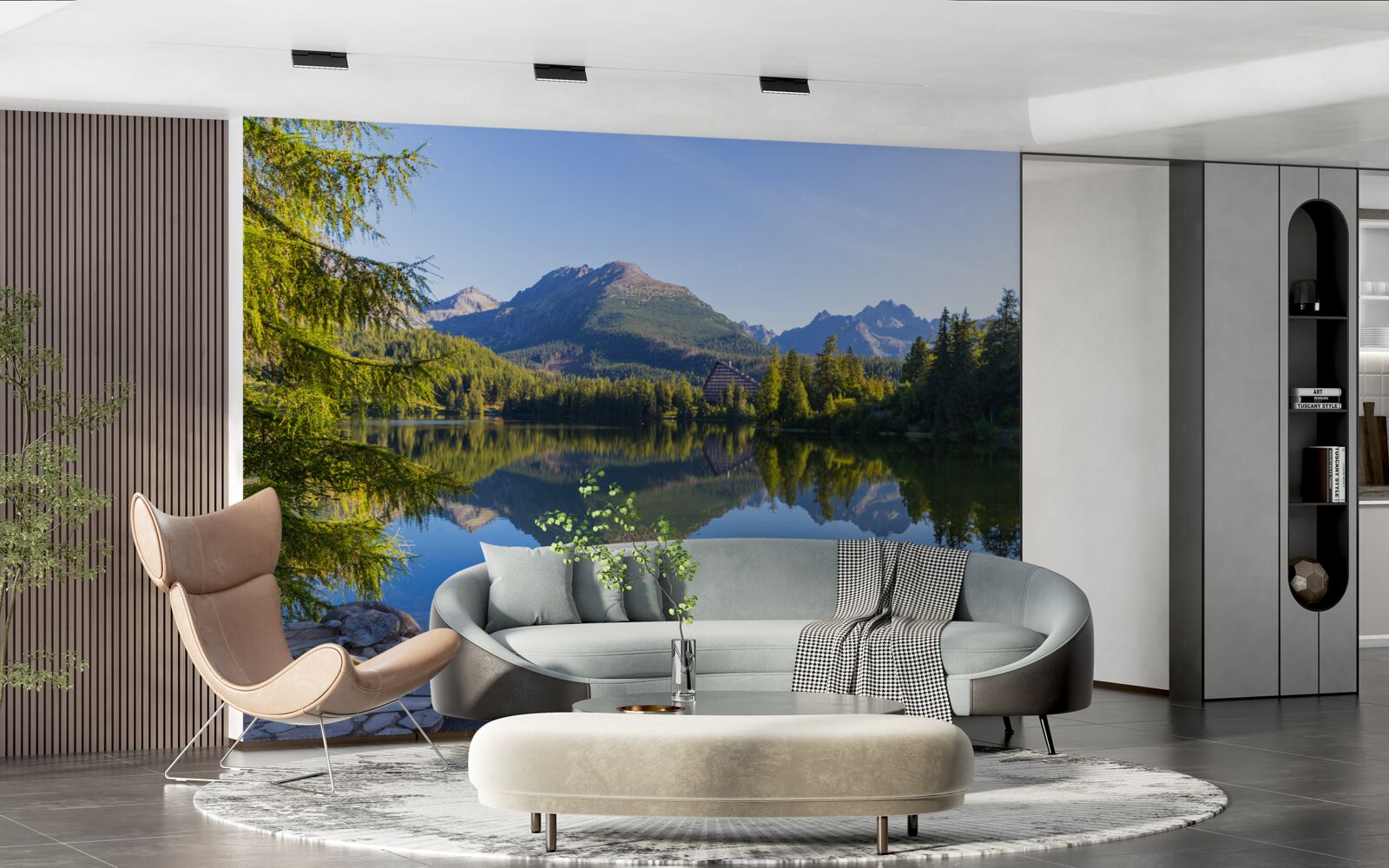 Fotobehang een zonnige dag bij een kalme bergrivier