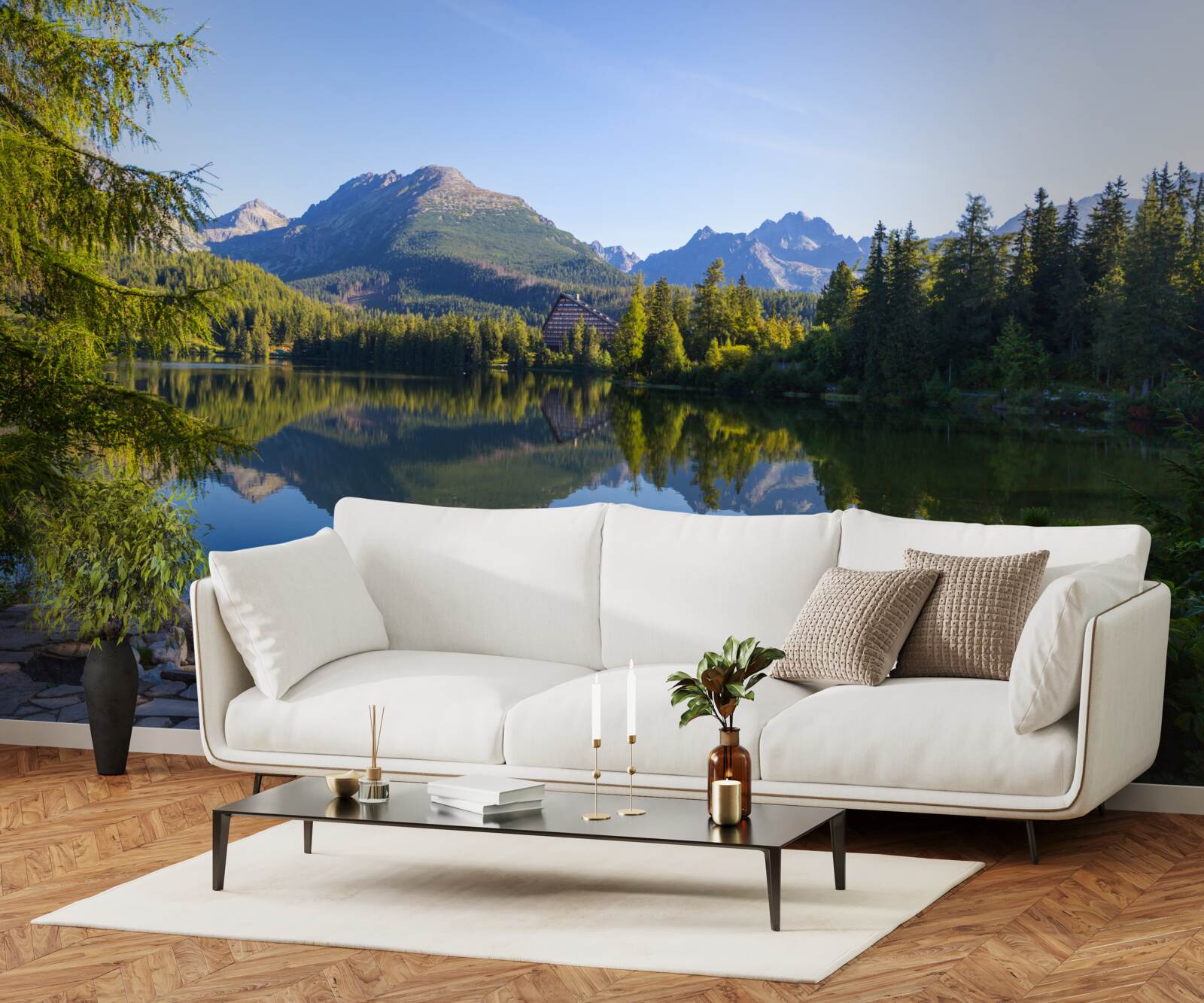 Fotobehang een zonnige dag bij een kalme bergrivier