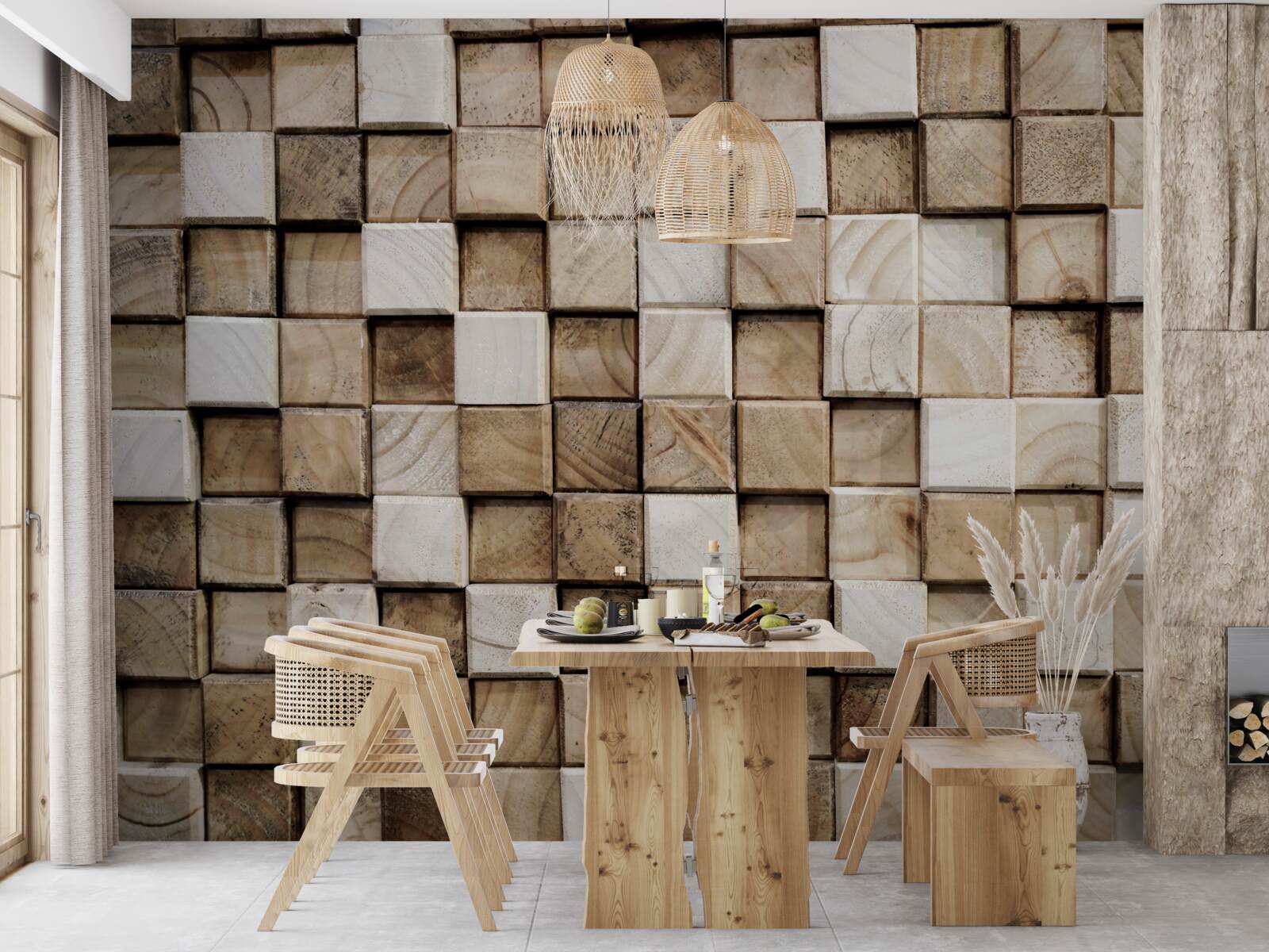 Fotobehang vierkante volumetrische constructies van wit hout