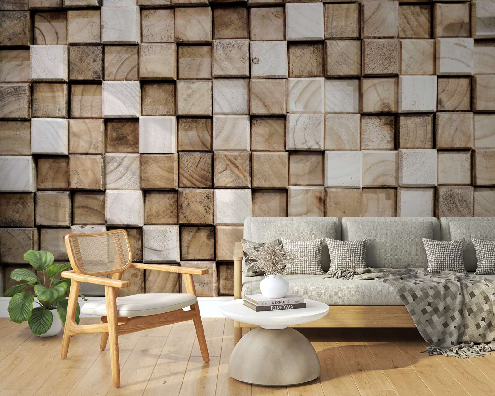 Fotobehang vierkante volumetrische constructies van wit hout