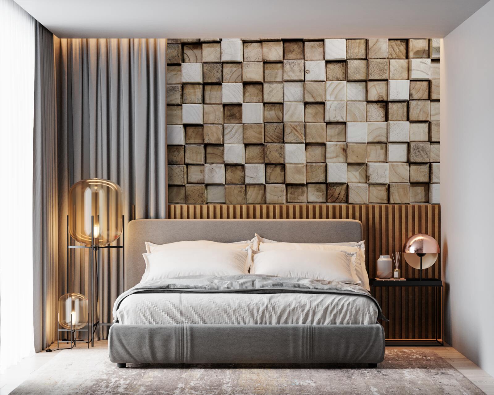 Fotobehang vierkante volumetrische constructies van wit hout