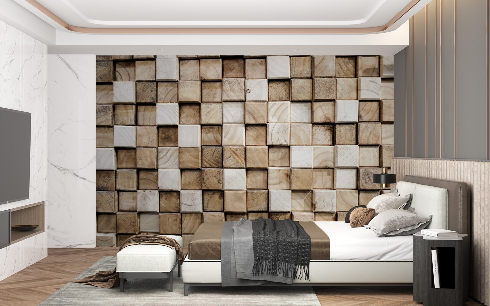 Fotobehang vierkante volumetrische constructies van wit hout