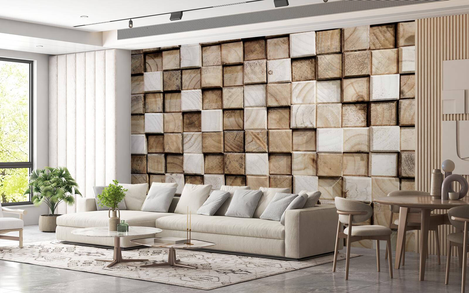 Fotobehang vierkante volumetrische constructies van wit hout