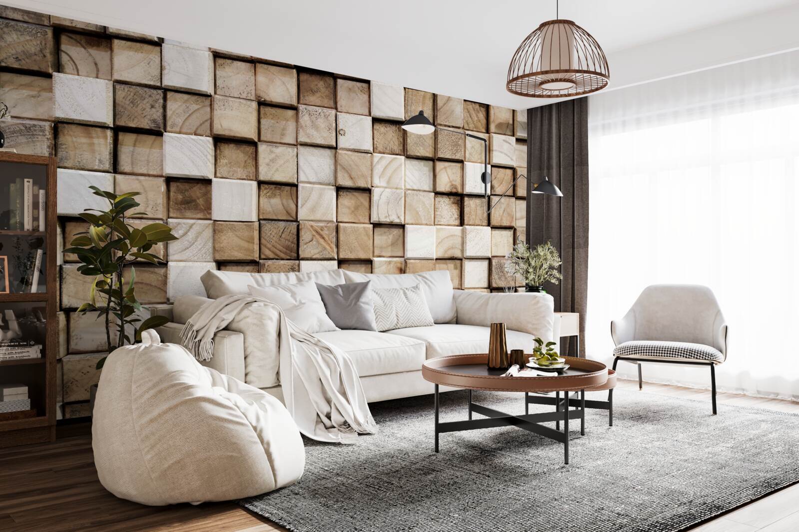 Fotobehang vierkante volumetrische constructies van wit hout