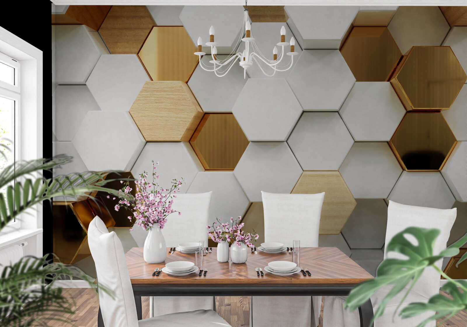 Fotobehang heldere zeshoeken met verschillende inhoud