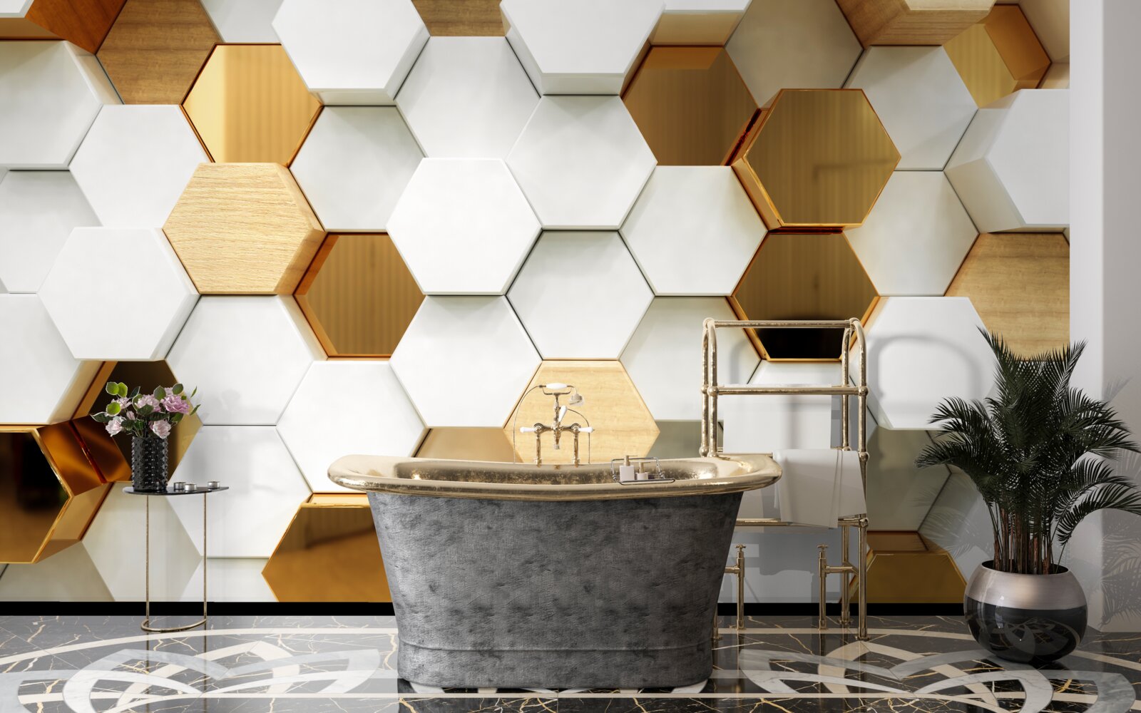 Fotobehang heldere zeshoeken met verschillende inhoud