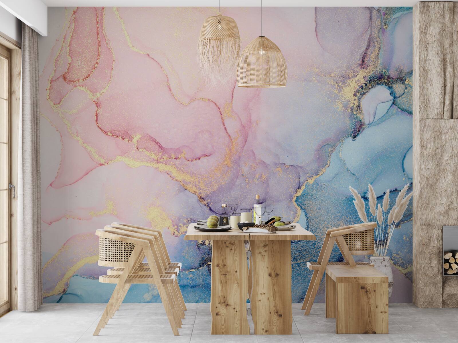 Fotobehang zachtroze wolken drijven over het water