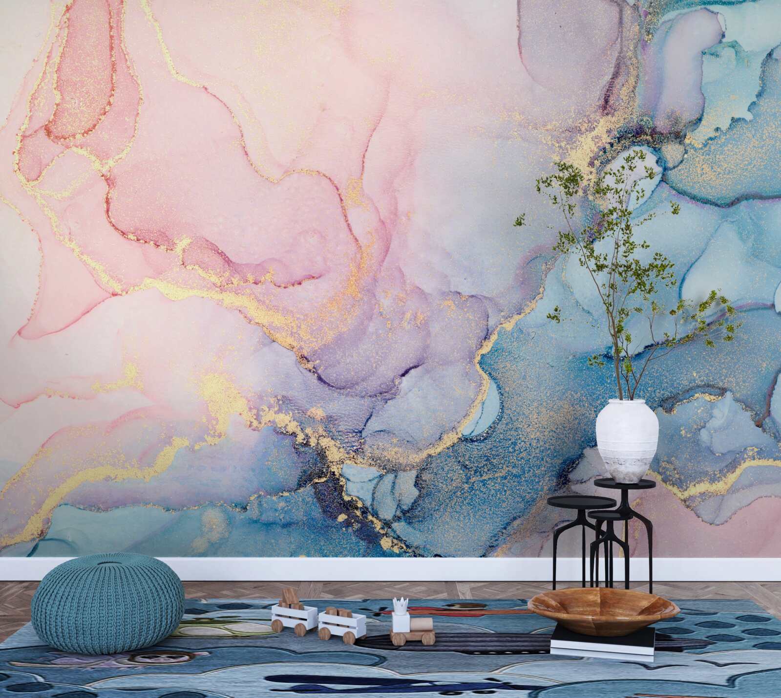 Fotobehang zachtroze wolken drijven over het water