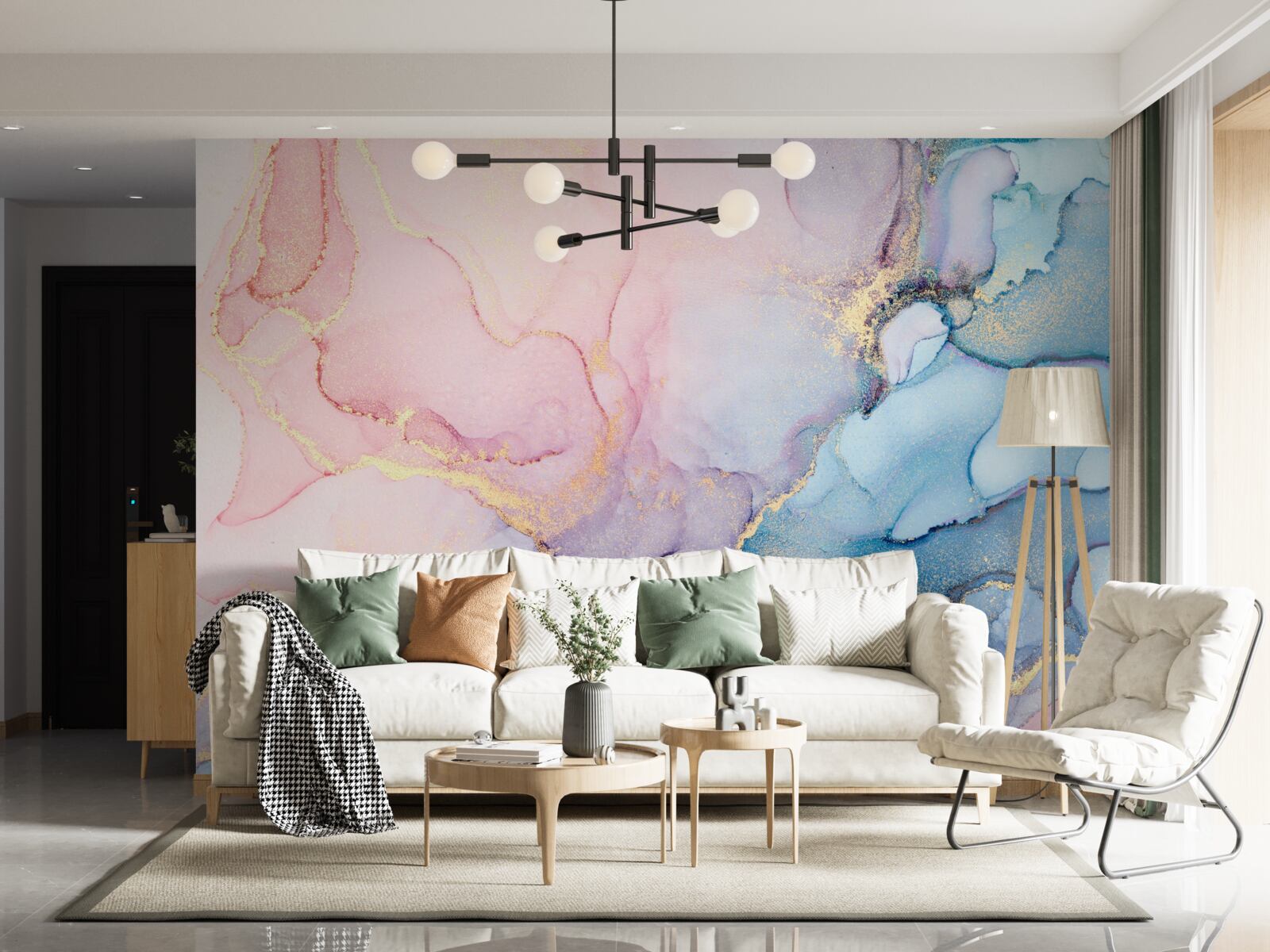 Fotobehang zachtroze wolken drijven over het water