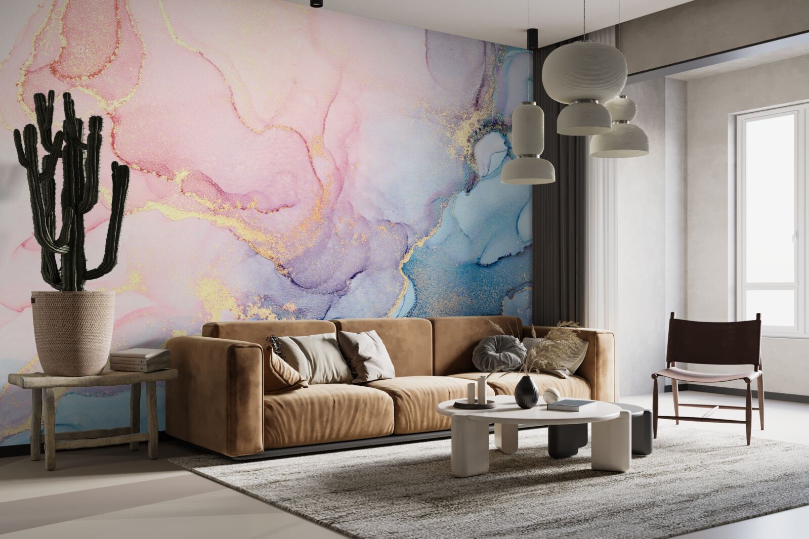 Fotobehang zachtroze wolken drijven over het water