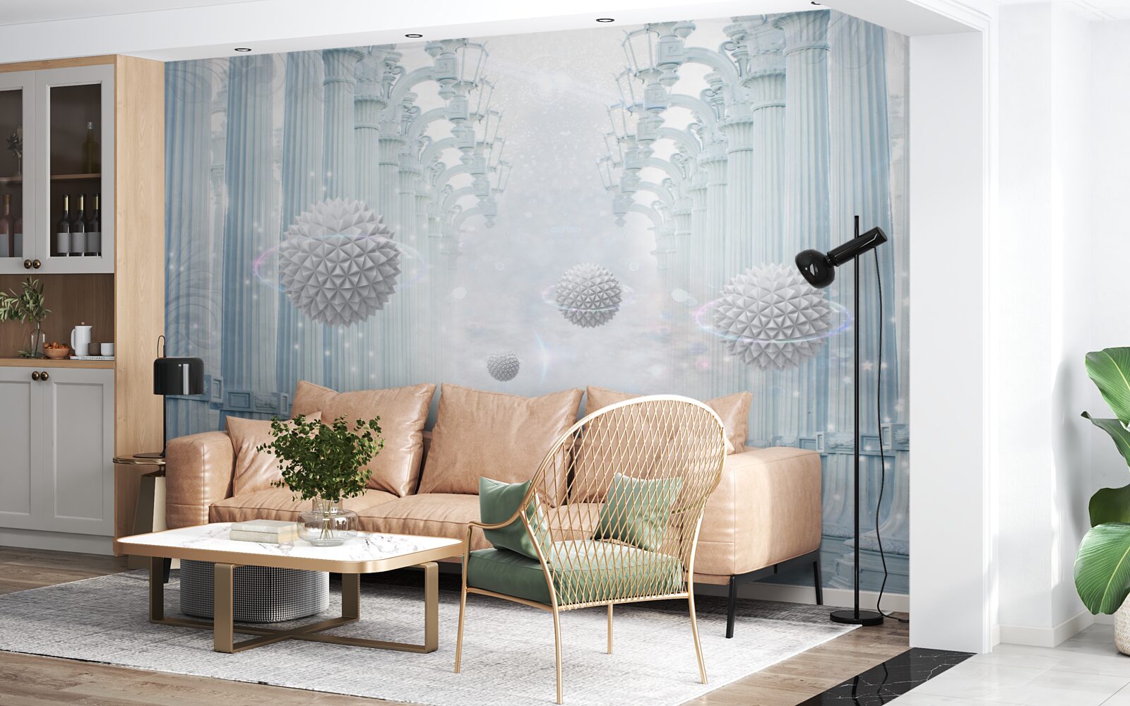 Fotobehang oneindigheidskolom en witte ballen