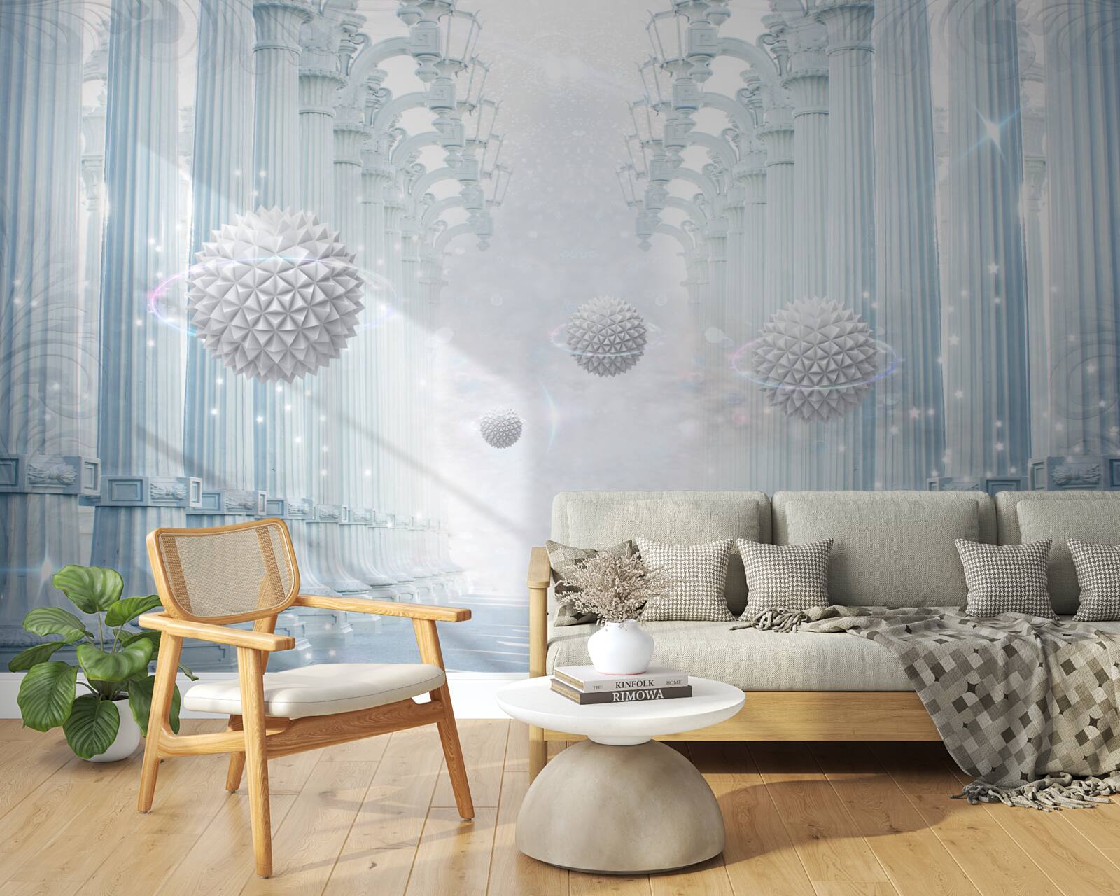 Fotobehang oneindigheidskolom en witte ballen