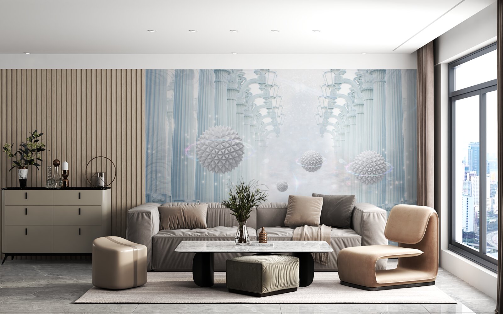 Fotobehang oneindigheidskolom en witte ballen