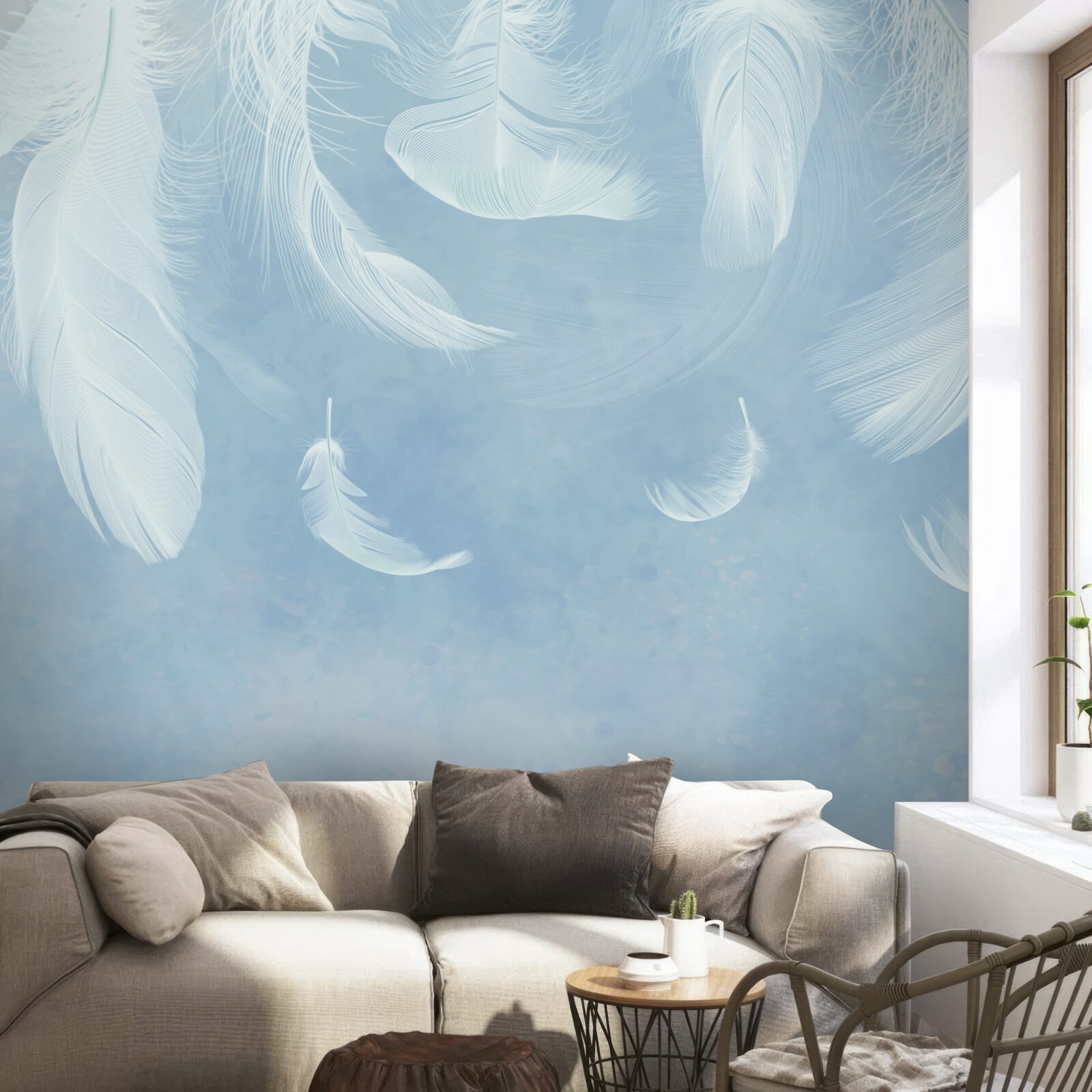 Fotobehang witte veren die gemakkelijk vallen