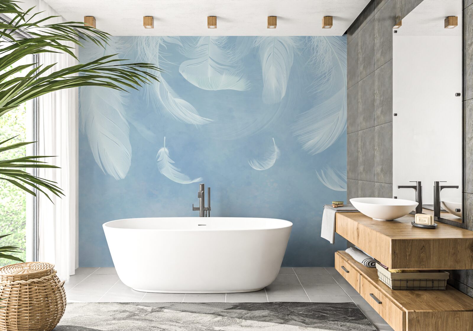 Fotobehang witte veren die gemakkelijk vallen