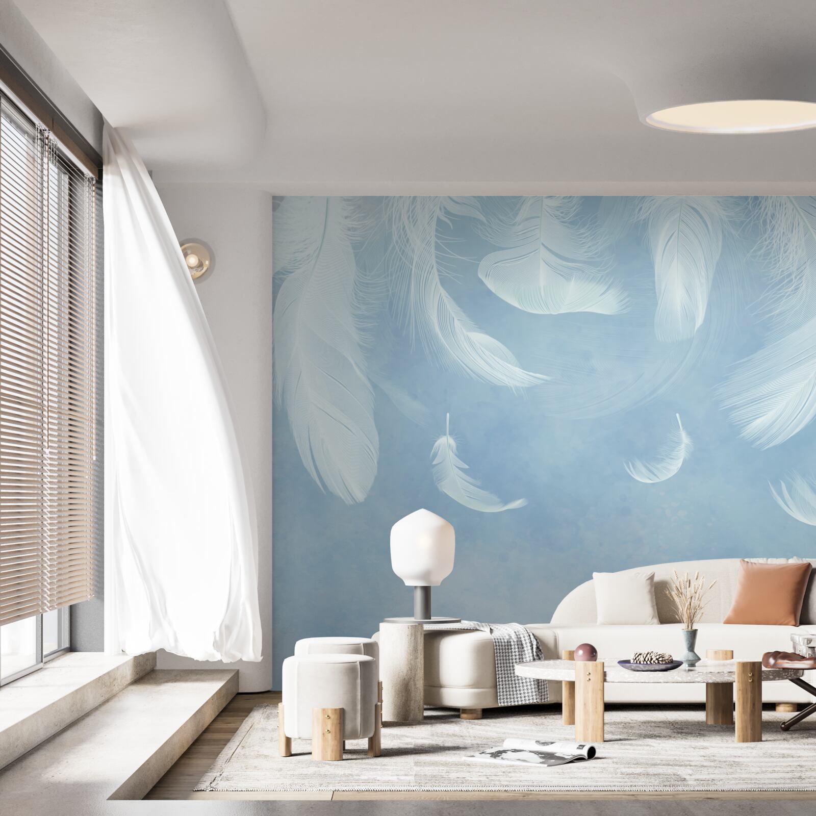 Fotobehang witte veren die gemakkelijk vallen