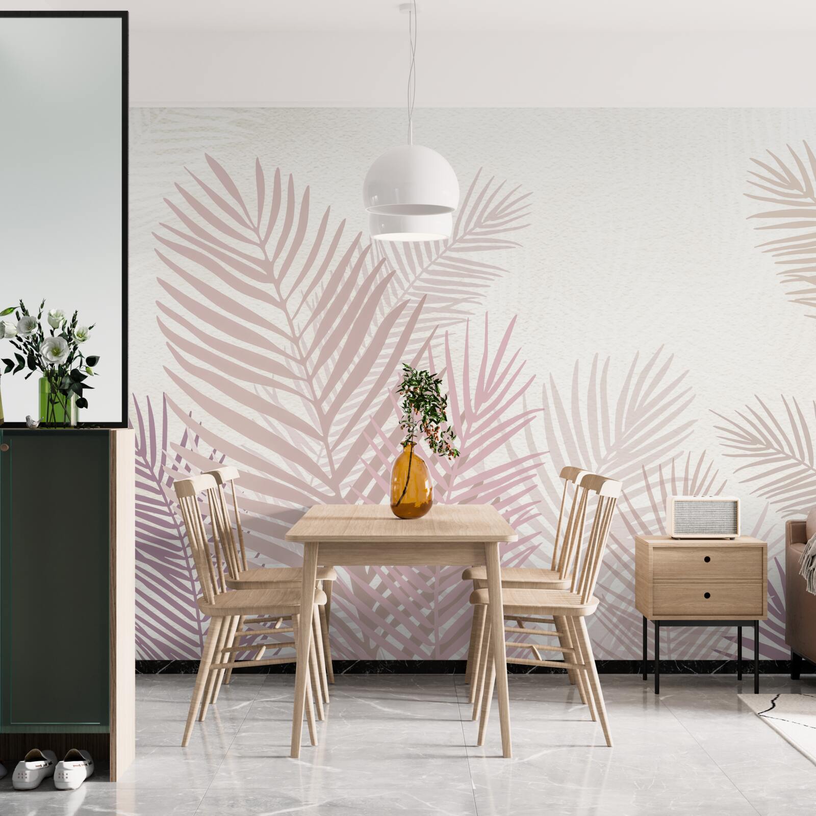 Fotobehang regenseizoen en roze varenbladeren