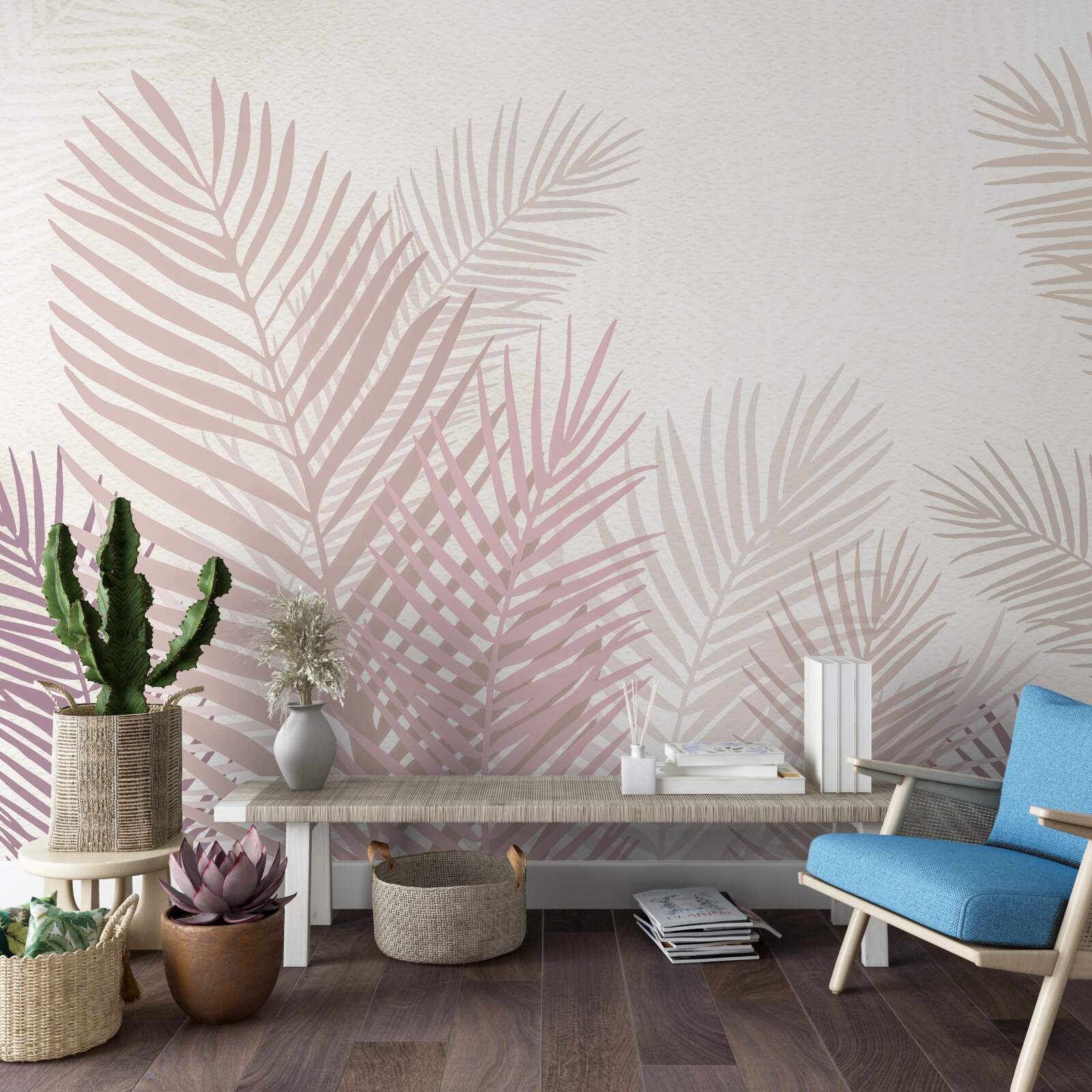 Fotobehang regenseizoen en roze varenbladeren