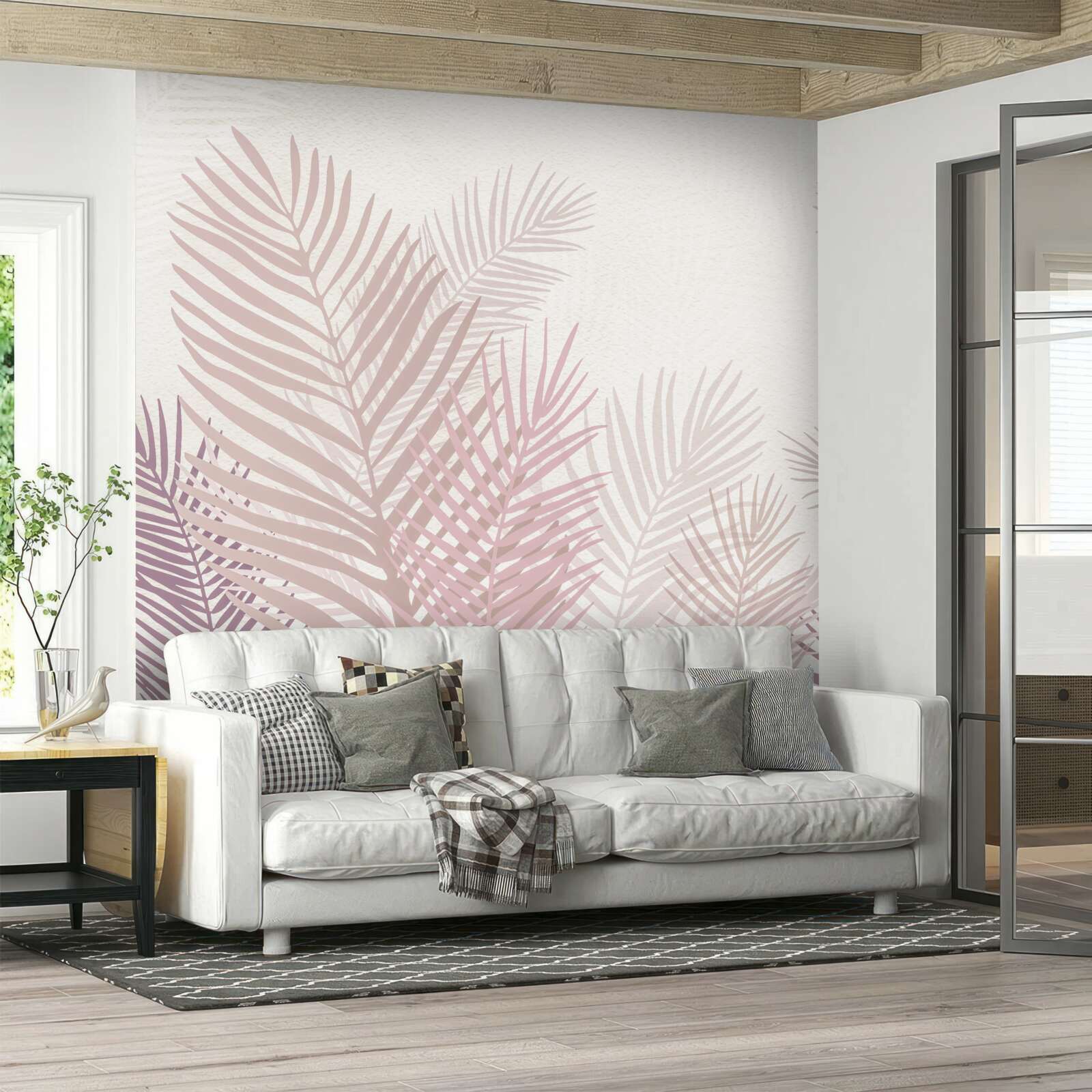 Fotobehang regenseizoen en roze varenbladeren